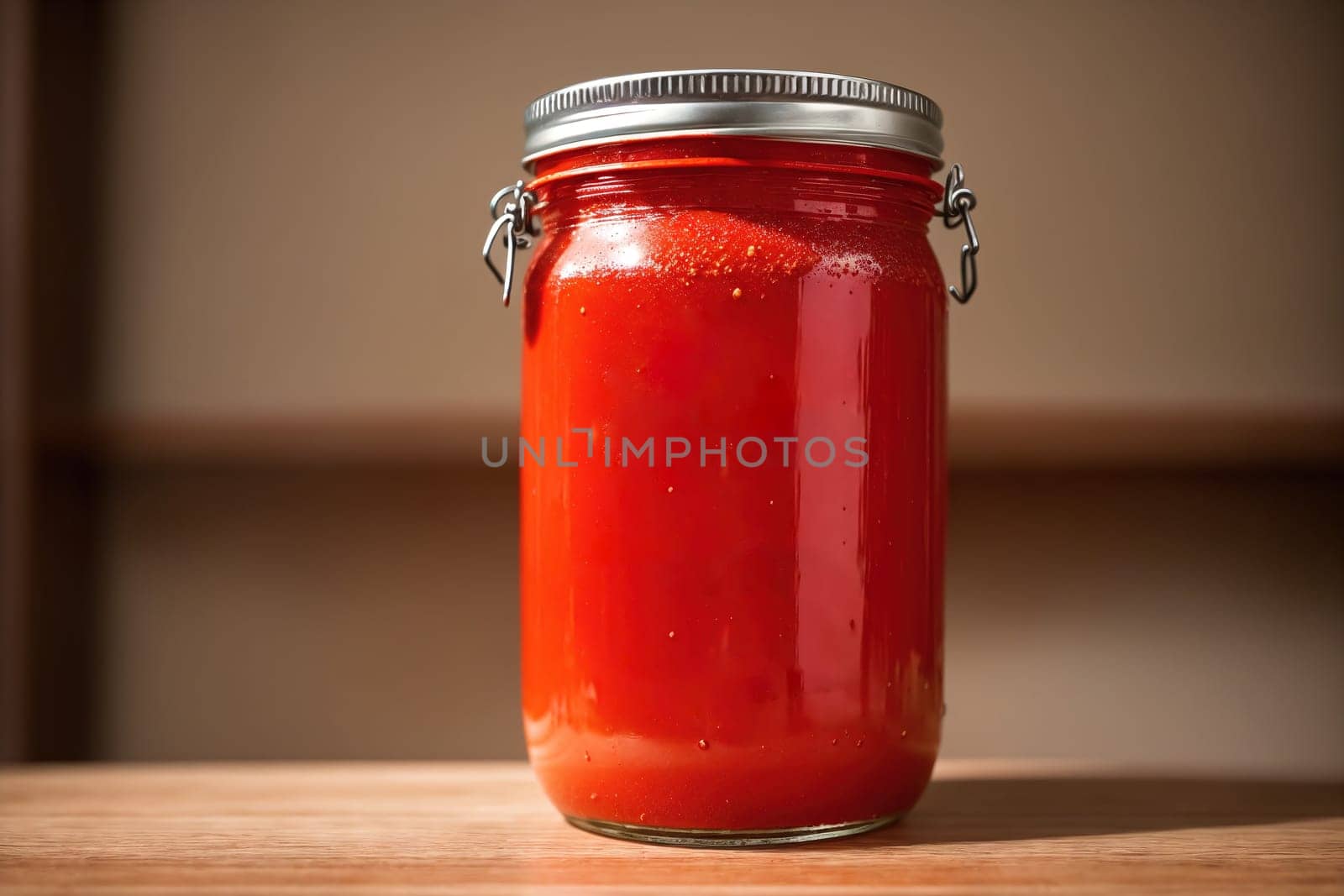 The image is a glass jar filled with a red liquid on a wooden surface.