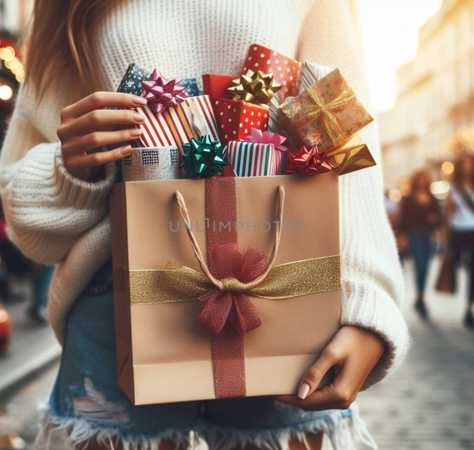 young woman holding a bag full of gifts and gadget in a crowded street by verbano