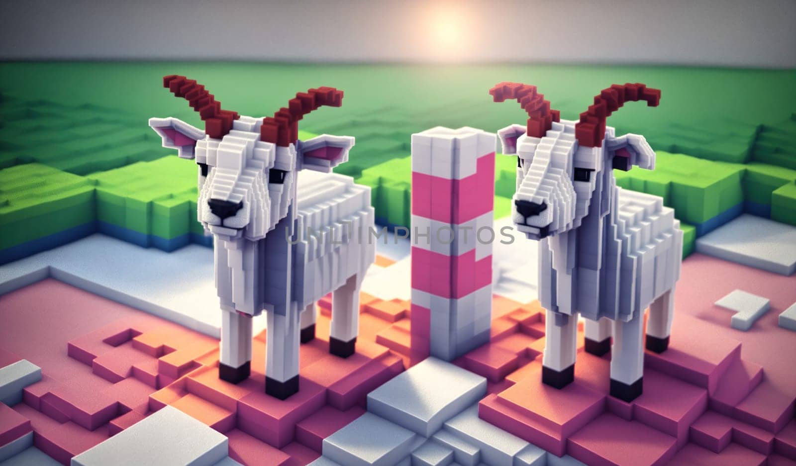 The image is a 3D rendering of two white goats standing on top of a pink and purple cube.