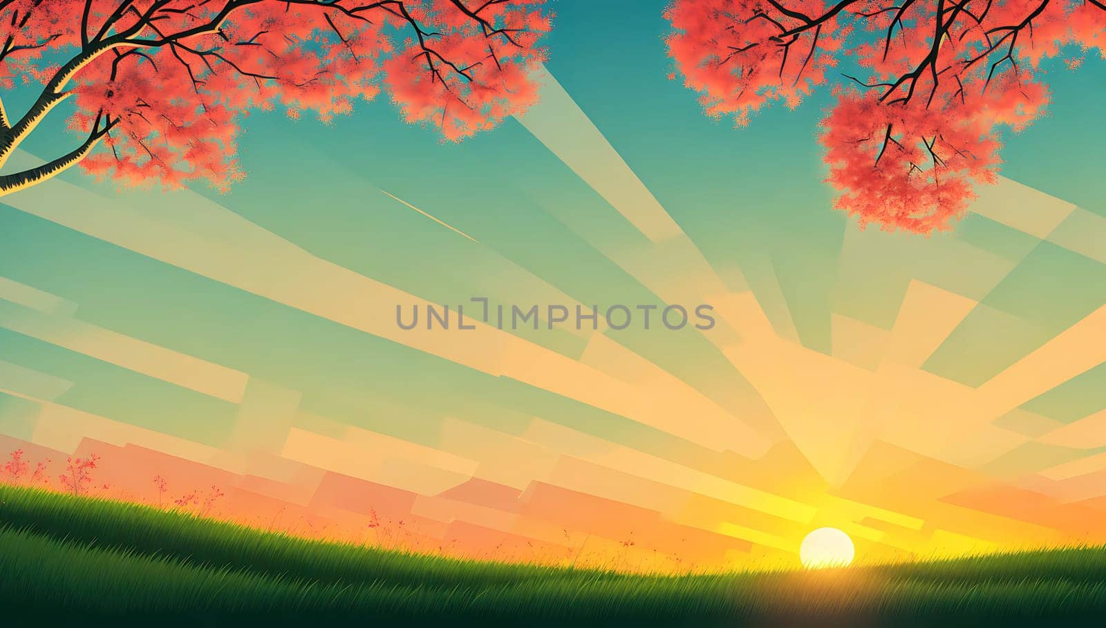 The image depicts a serene sunset scene with pink cherry blossom trees in the foreground and a green hill in the background.