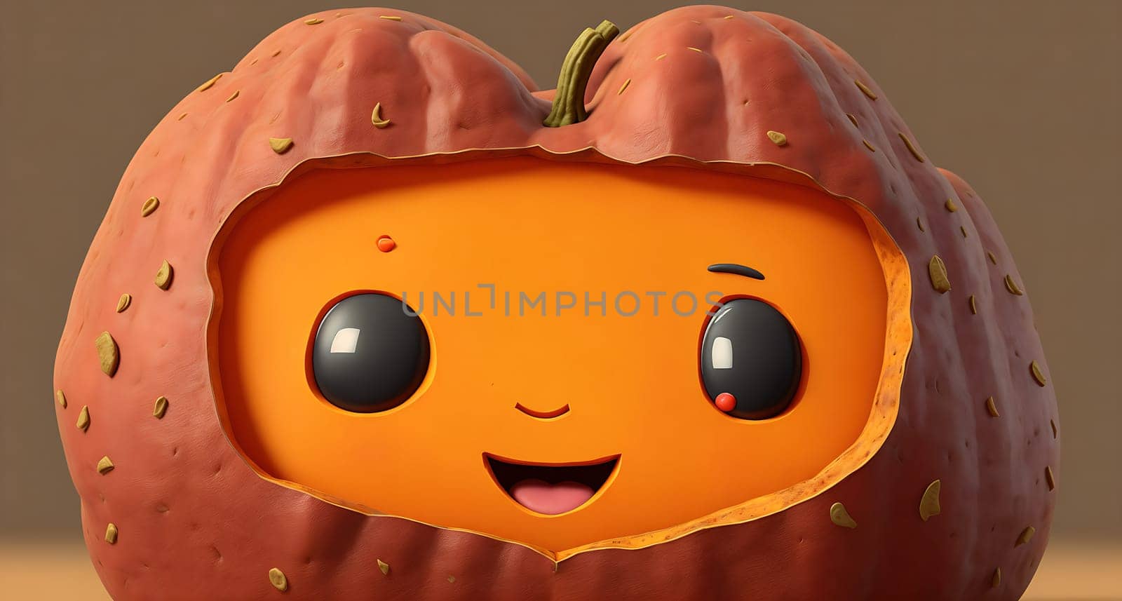 The image is a cartoon pumpkin with a smiling face and a happy expression.