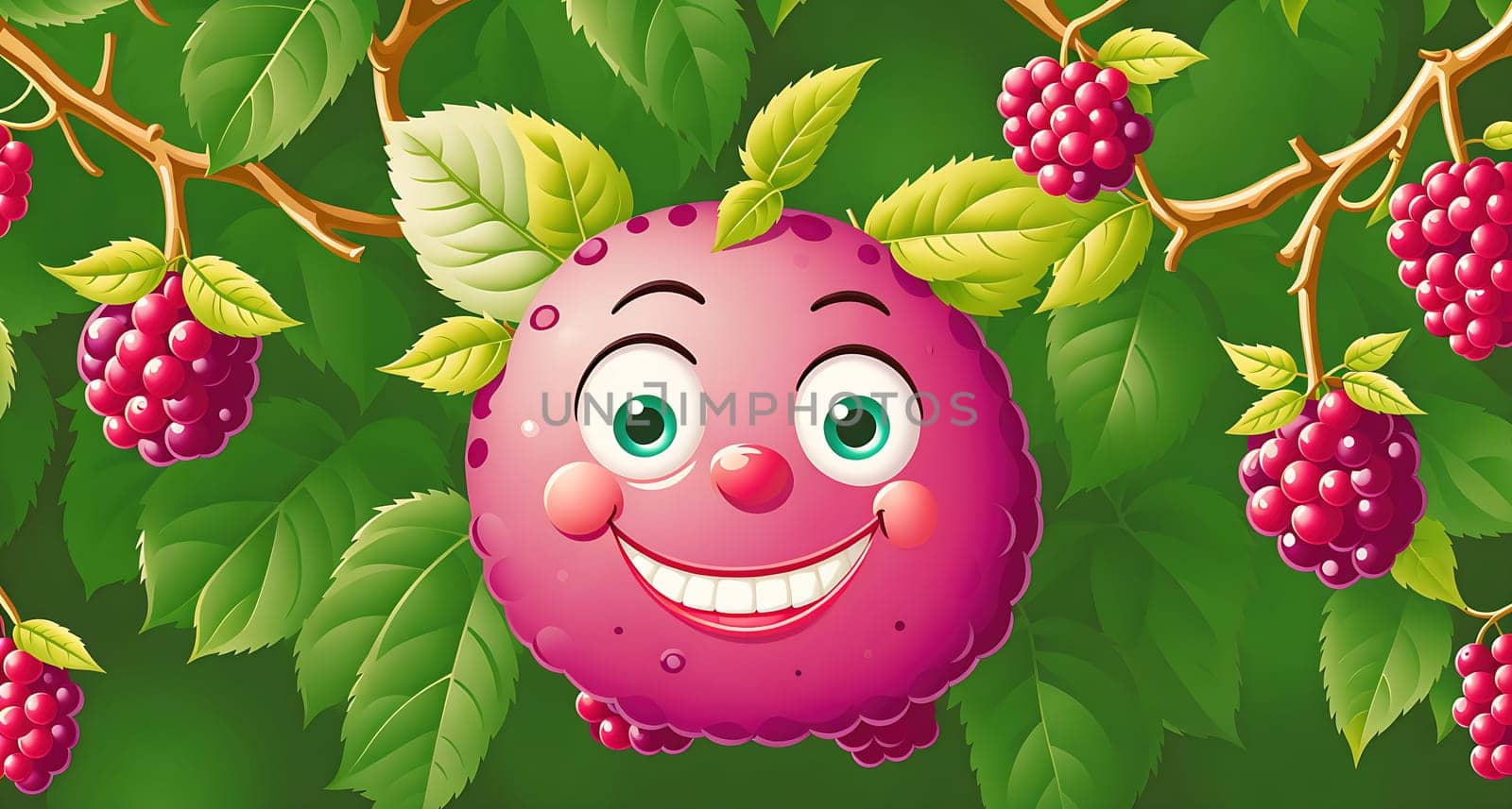 The image shows a cartoon strawberry with a smiling face hanging from a branch of green leaves.