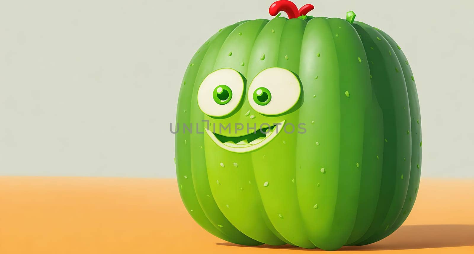 The image is a cartoon cucumber with a smiling face and green skin.