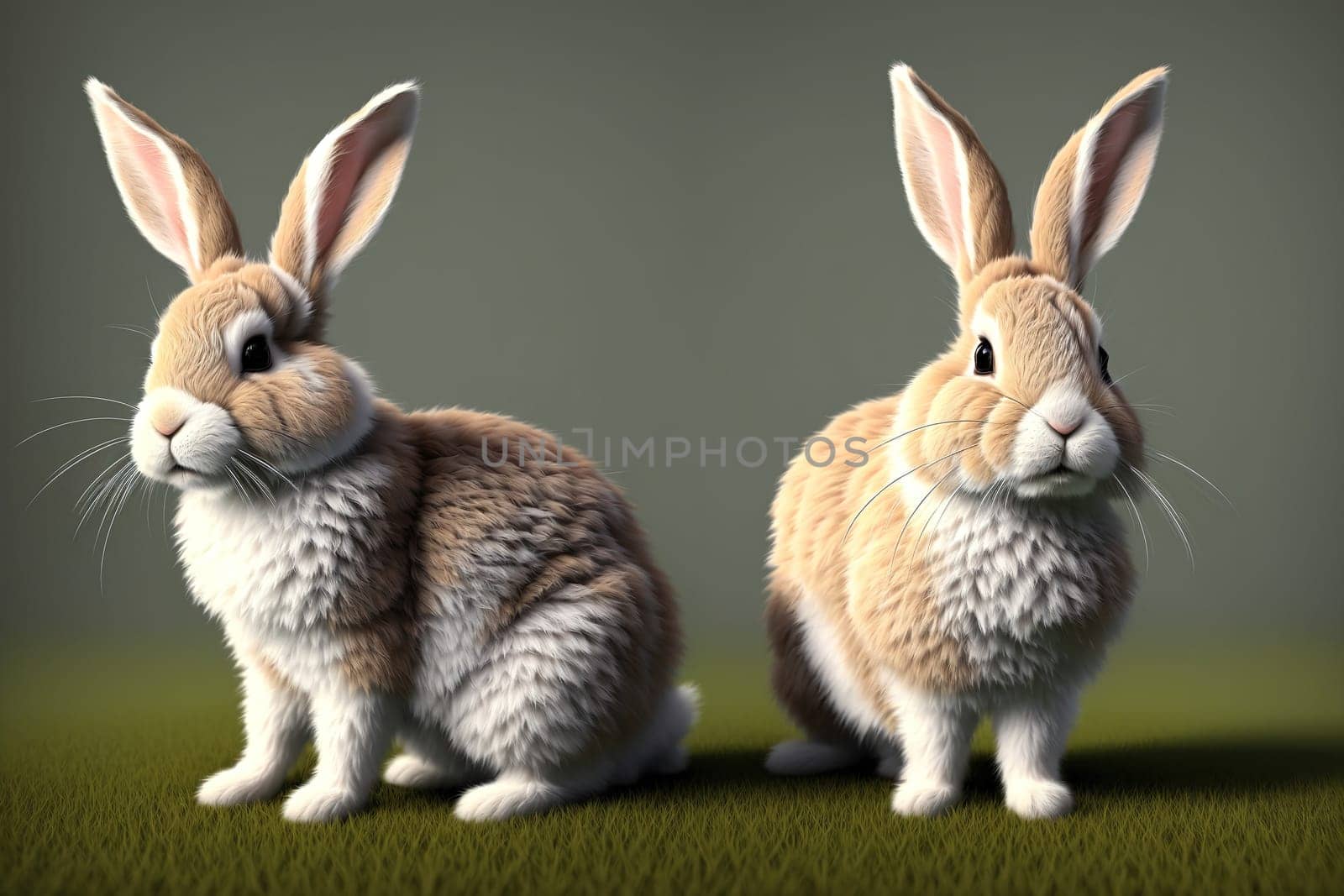 Two white rabbits standing next to each other on a green background. by creart