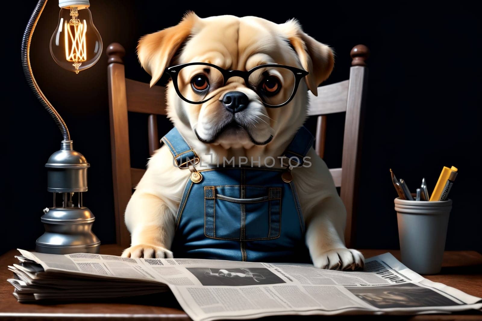 smart fat dog in a chair reading a newspaper.