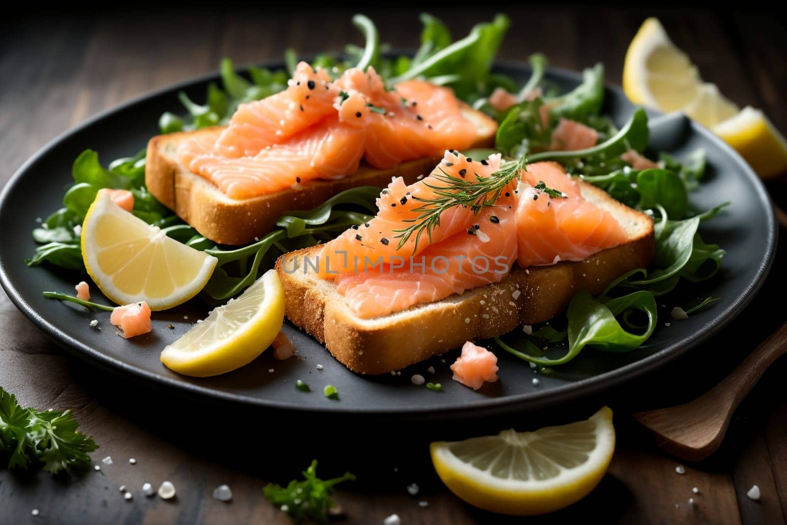 sandwich with lightly salted salmon in a plate .