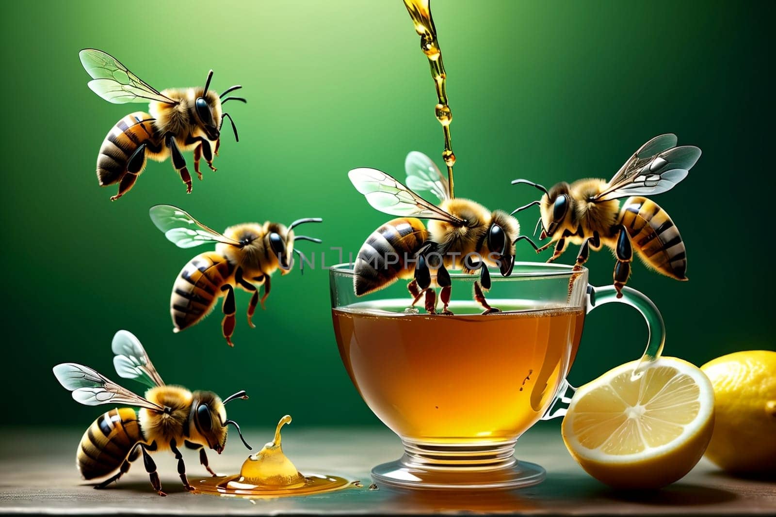 bees carry honey into tea, natural tea with honey.