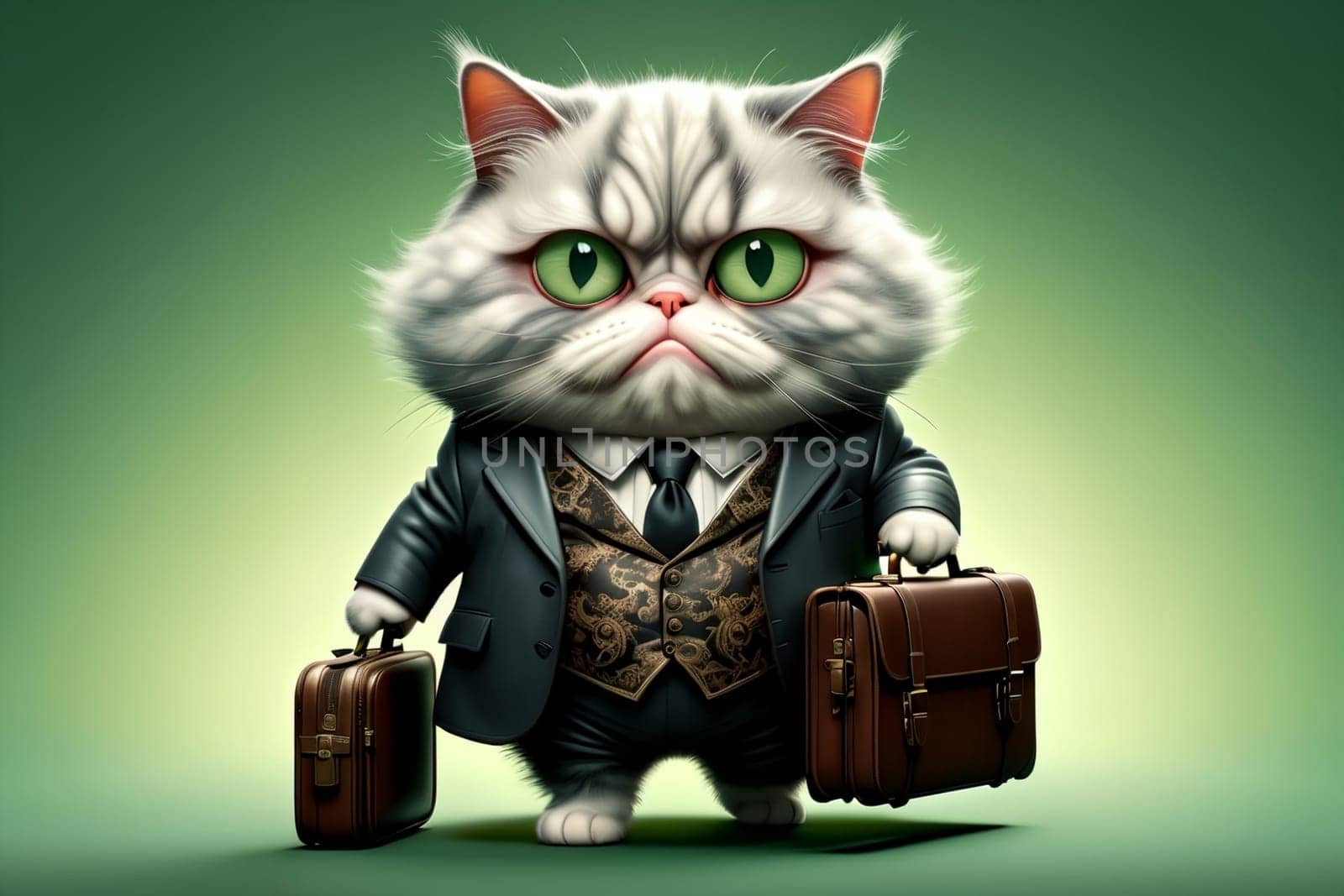 Cat boss in a formal business suit with a briefcase, isolated on a green background .