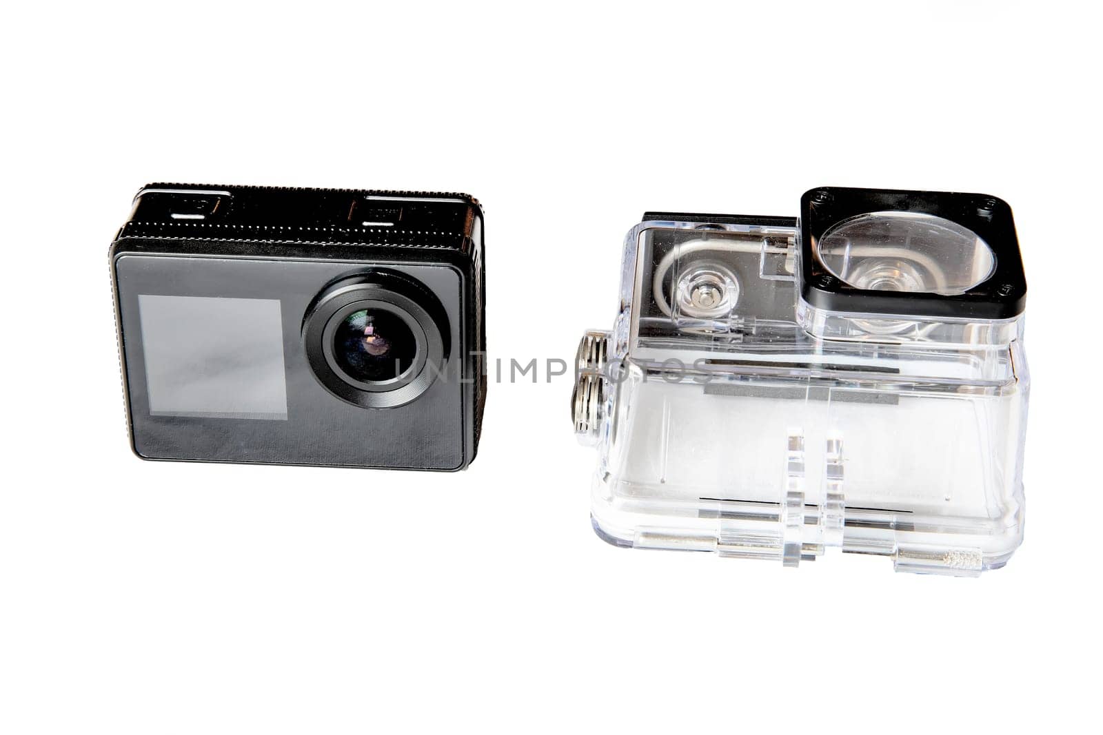 Action camera and a protected waterproof case, isolated on white by EdVal