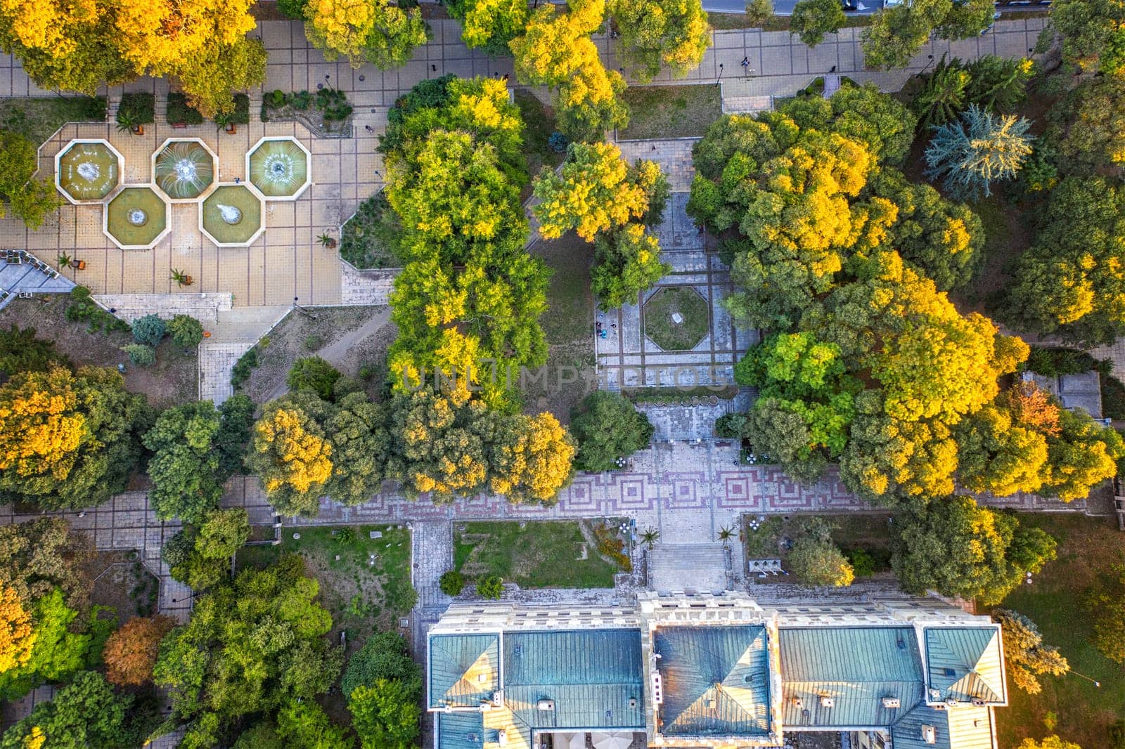 Aerial view of the garden and part of the building of the Archaeological Museum, Varna, Bulgaria. Top view by EdVal