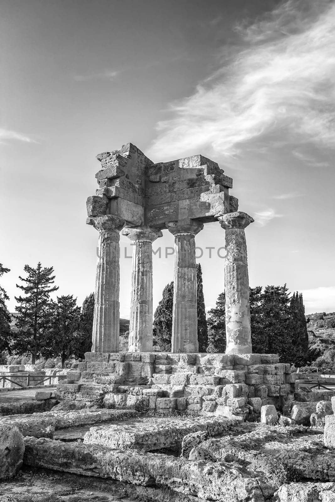 remains of the Temples of Castor and Pollux, Valley of the Temples, Agrigento, Italy. Vertical view
