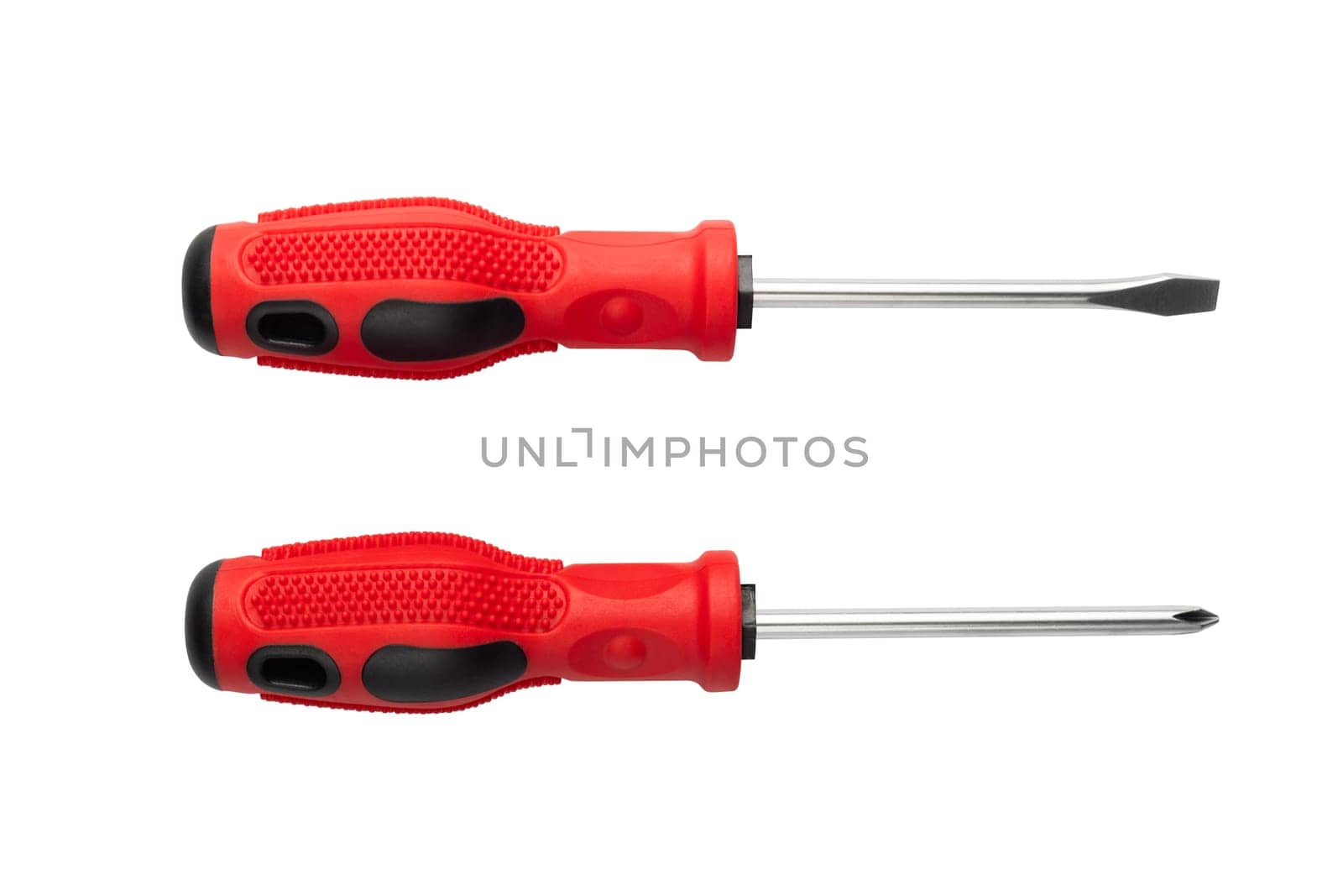 Pair of red and black screwdrivers isolated on white background. Professional tools concept. Design for catalog, hardware store advertisement.