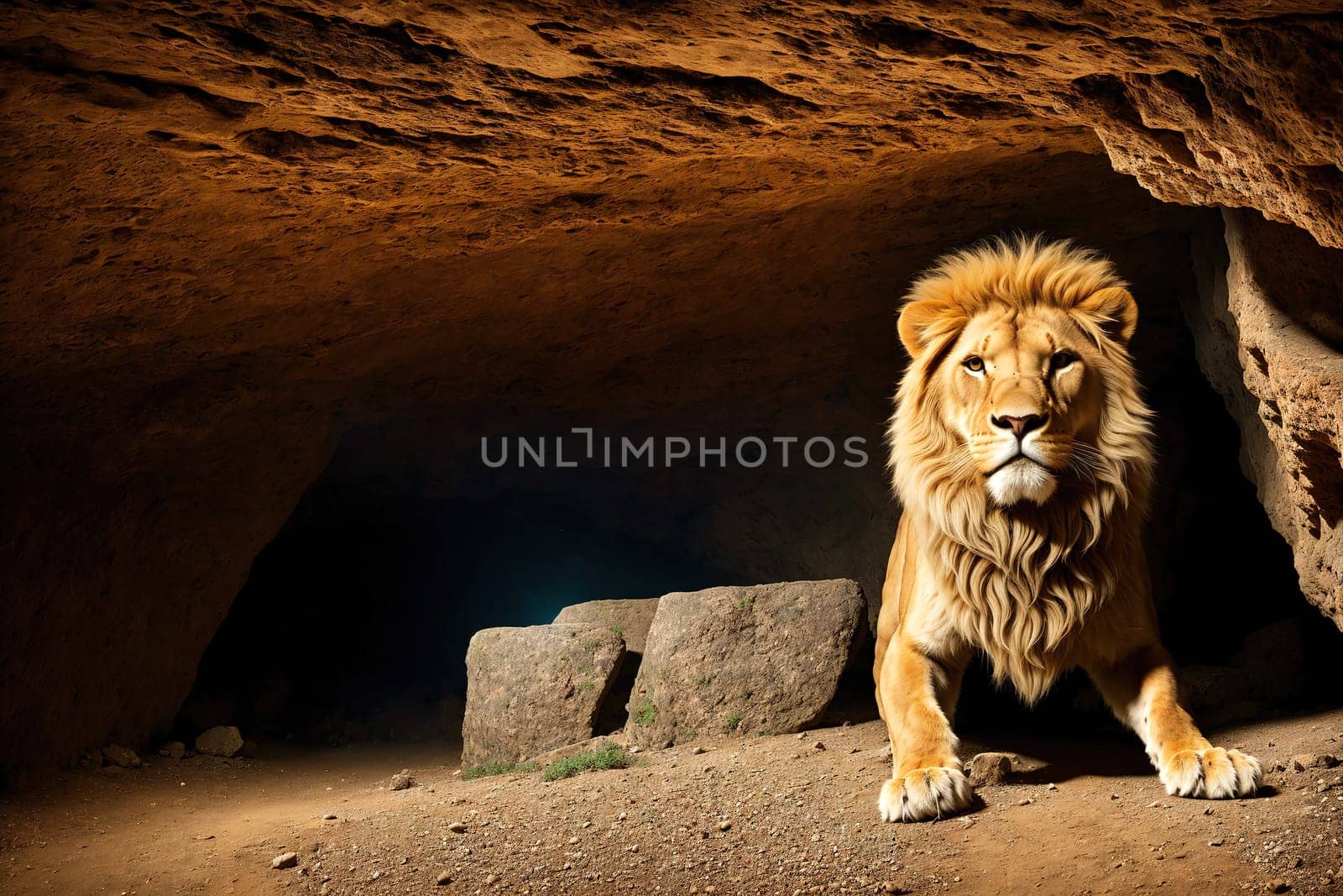 The image shows a lion standing in a cave, looking out at the viewer with its eyes.