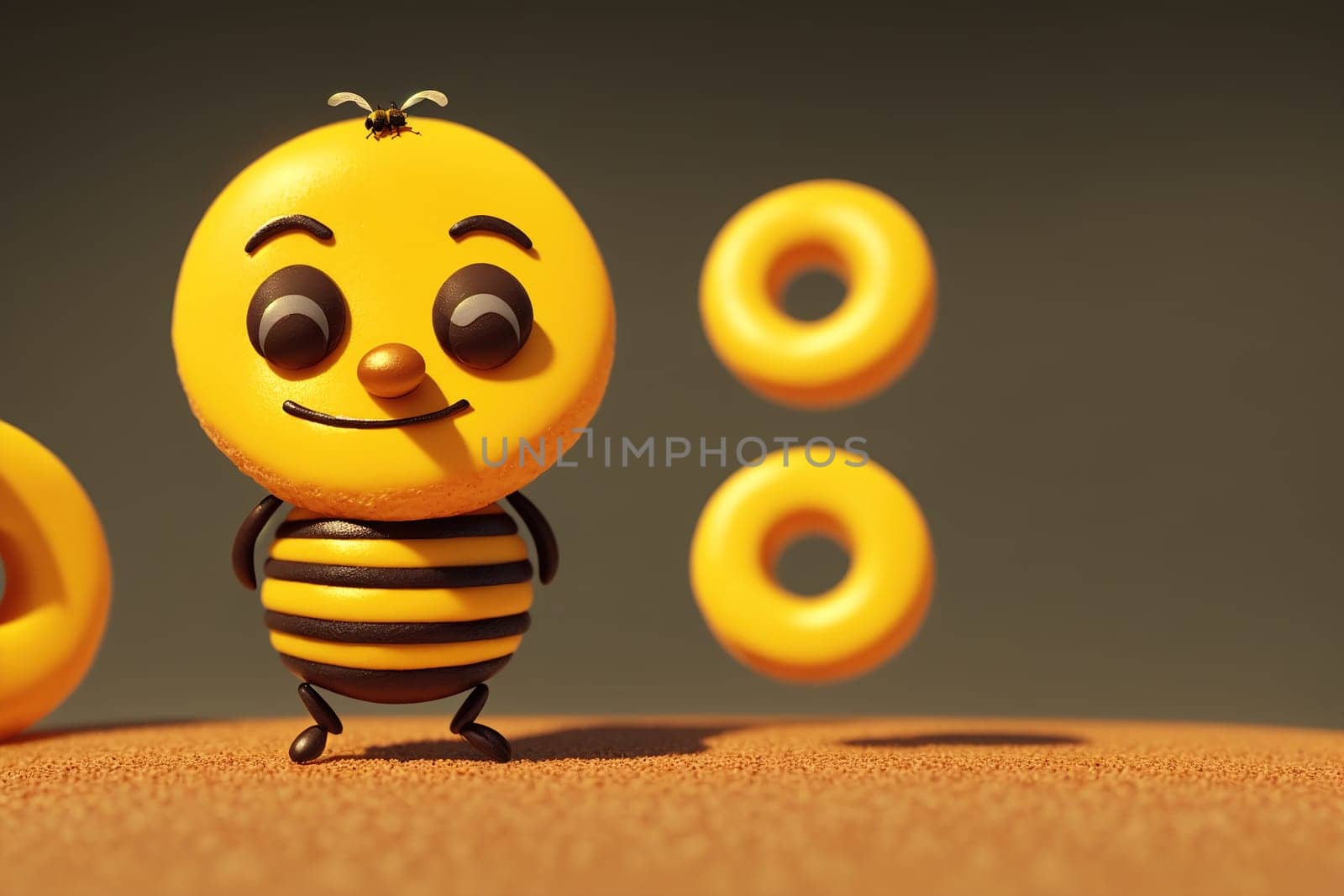 The image is of a cartoon bee standing in the middle of a sandy surface, surrounded by donuts.