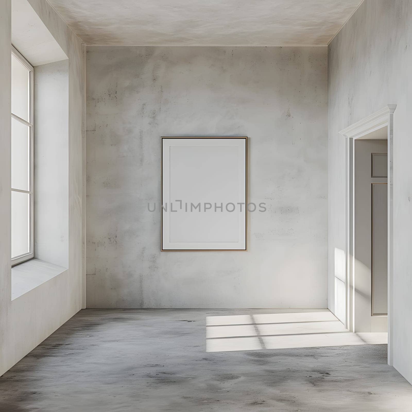 Empty hall with a wooden picture frame fixture on the hardwood flooring wall by Nadtochiy