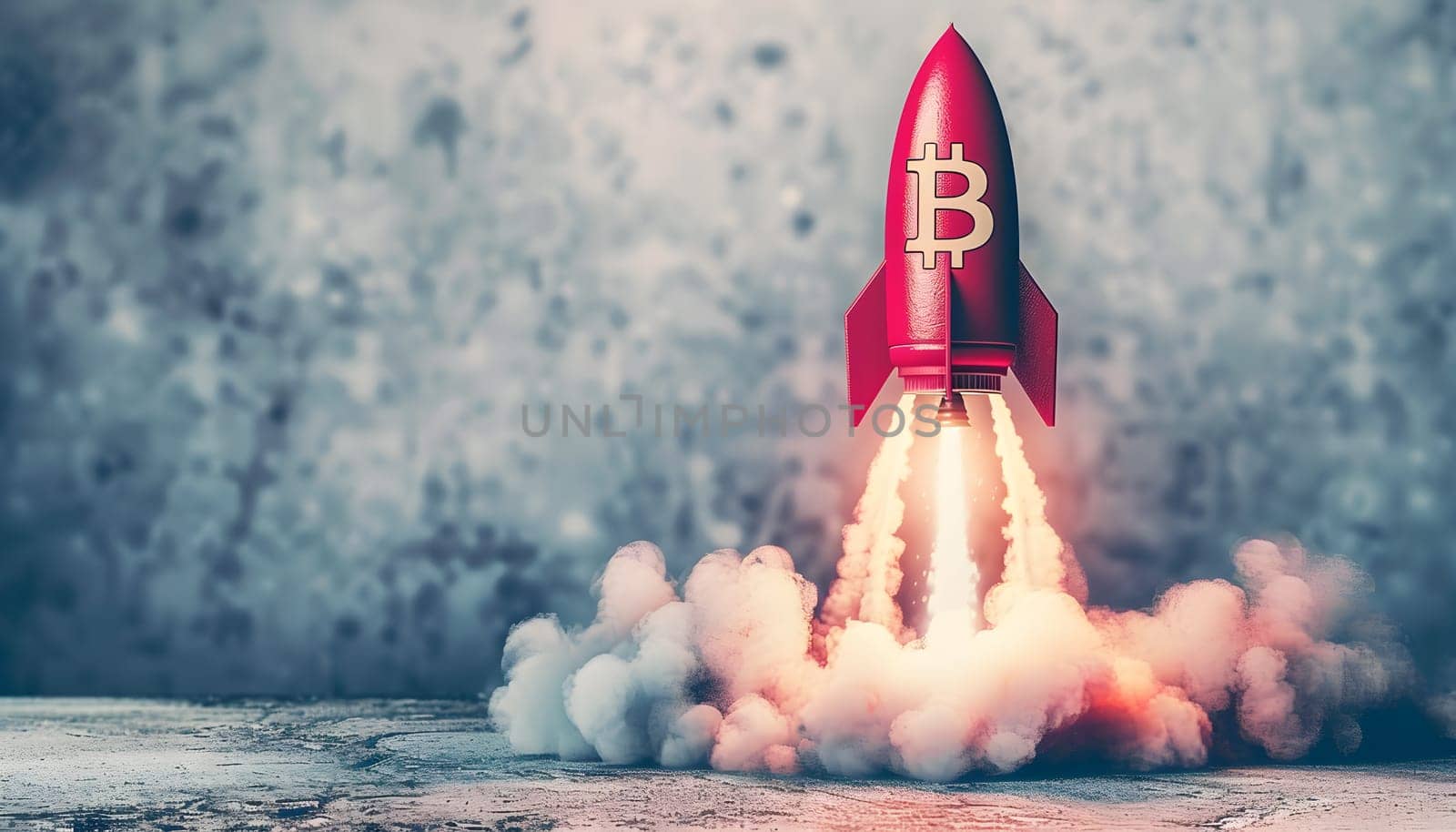 An advanced missile with a Bitcoin symbol painted on it is soaring through the sky, showcasing the intersection of aerospace engineering and cryptocurrency technology