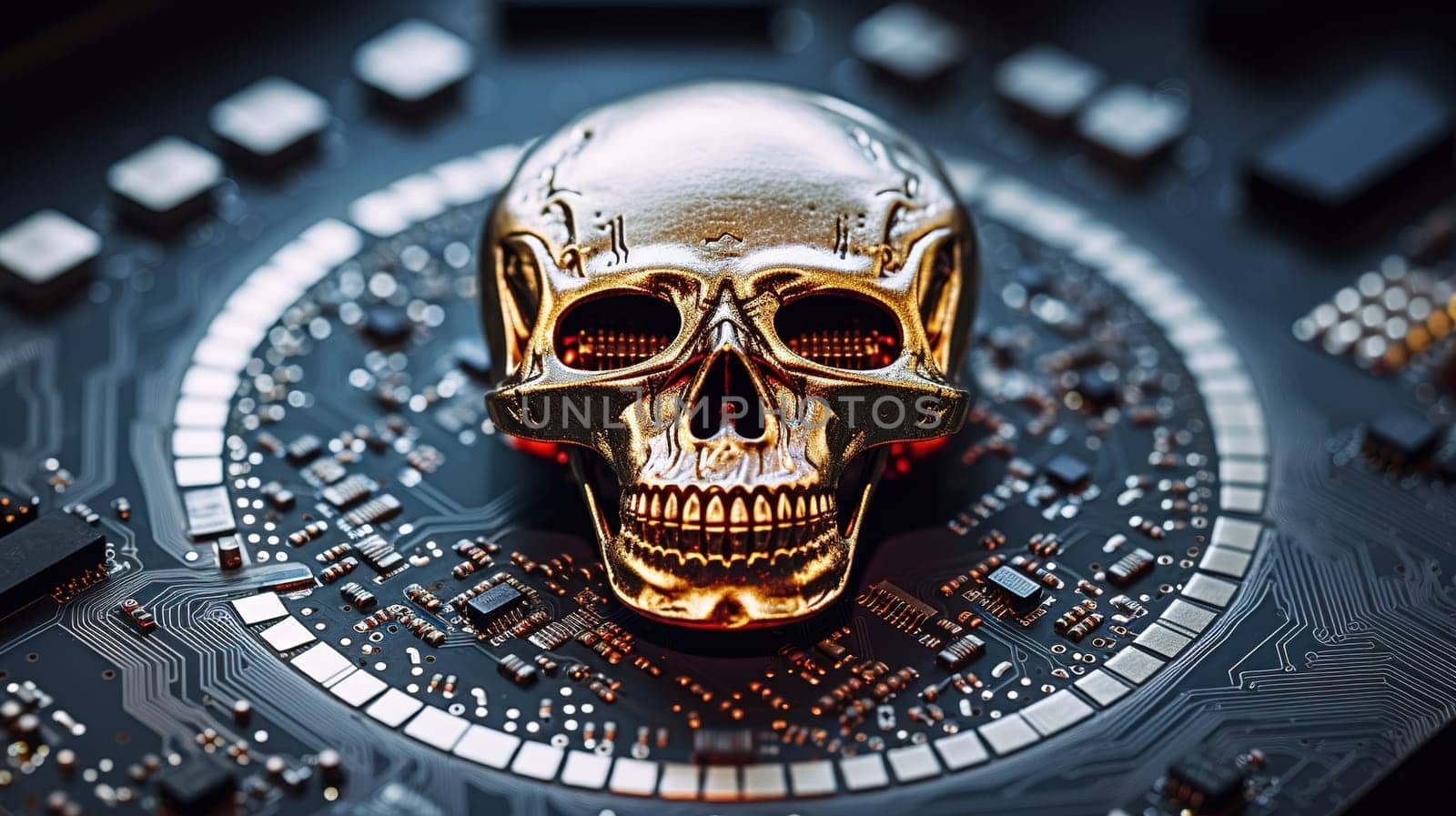 microchip in the form of a golden human skull in a computer, artificial intelligence from the inside, futuristic future, by KaterinaDalemans