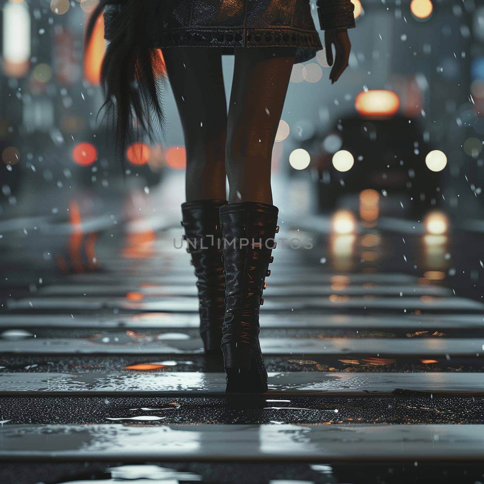 A professional photo of a girl walking along the road. Feet, boots, asphalt, pedestrian crossing. High quality illustration