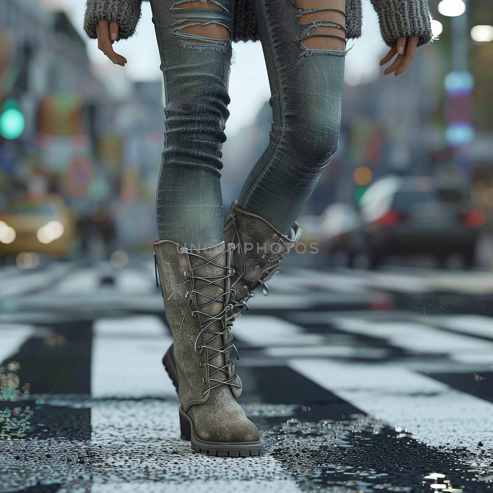 A professional photo of a girl walking along the road. Feet, boots, asphalt, pedestrian crossing by NeuroSky