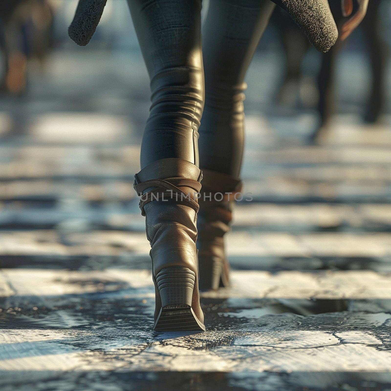 A professional photo of a girl walking along the road. Feet, boots, asphalt, pedestrian crossing by NeuroSky