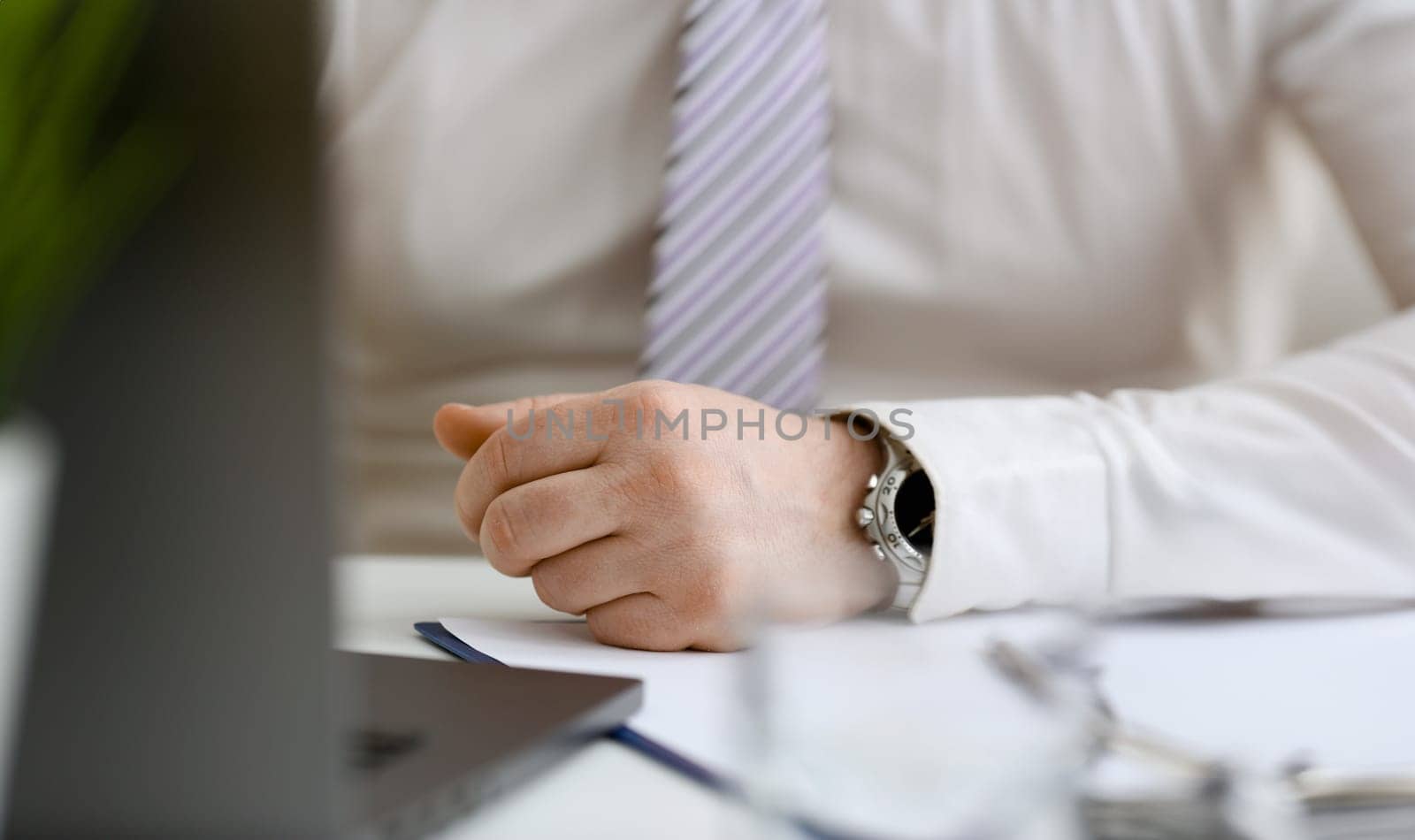 Empty arms of man in suit and tie closeup. White collar, banker time, watch, wristwatch, patience, make decision, strong control, head of the board council concept