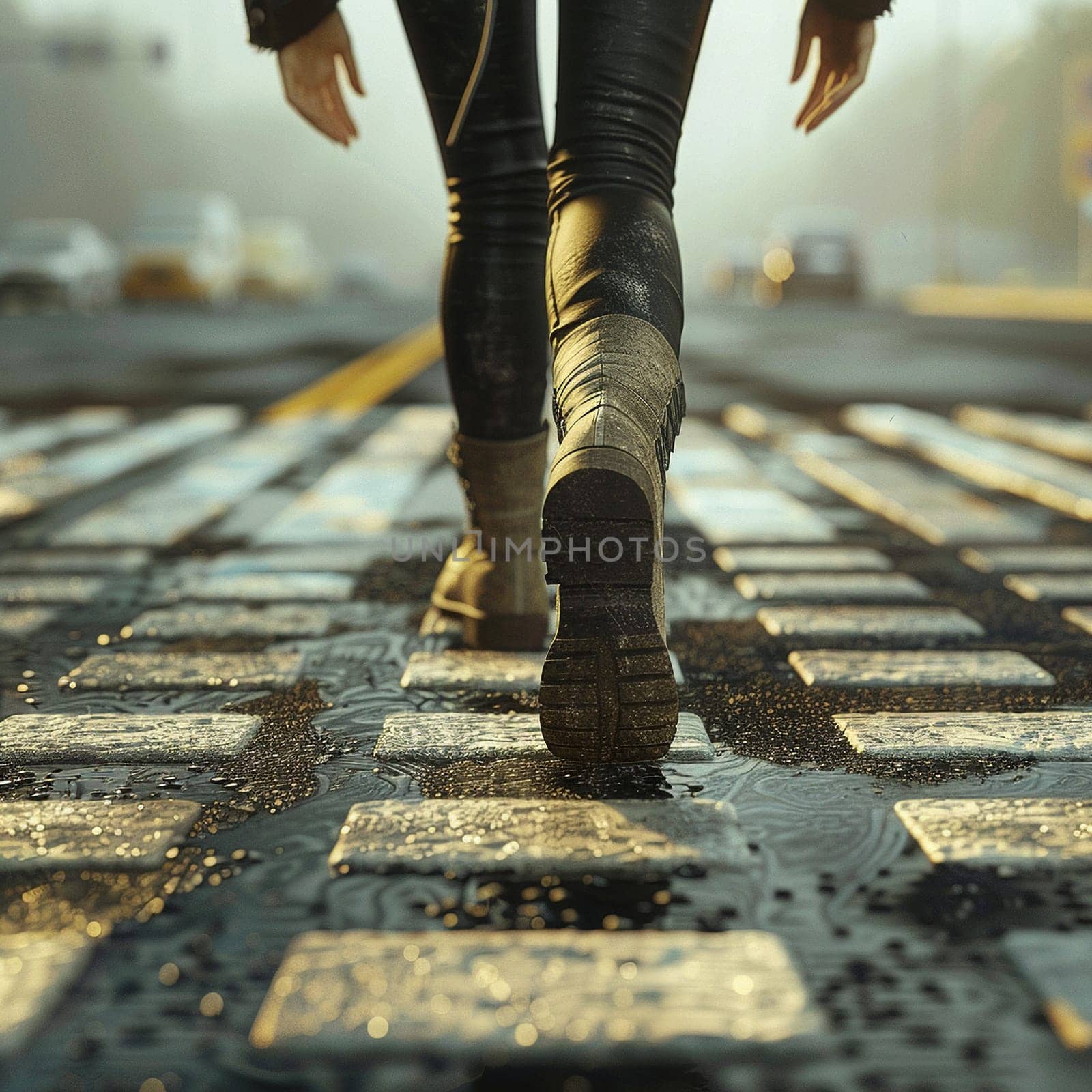 A professional photo of a girl walking along the road. Feet, boots, asphalt, pedestrian crossing. High quality illustration