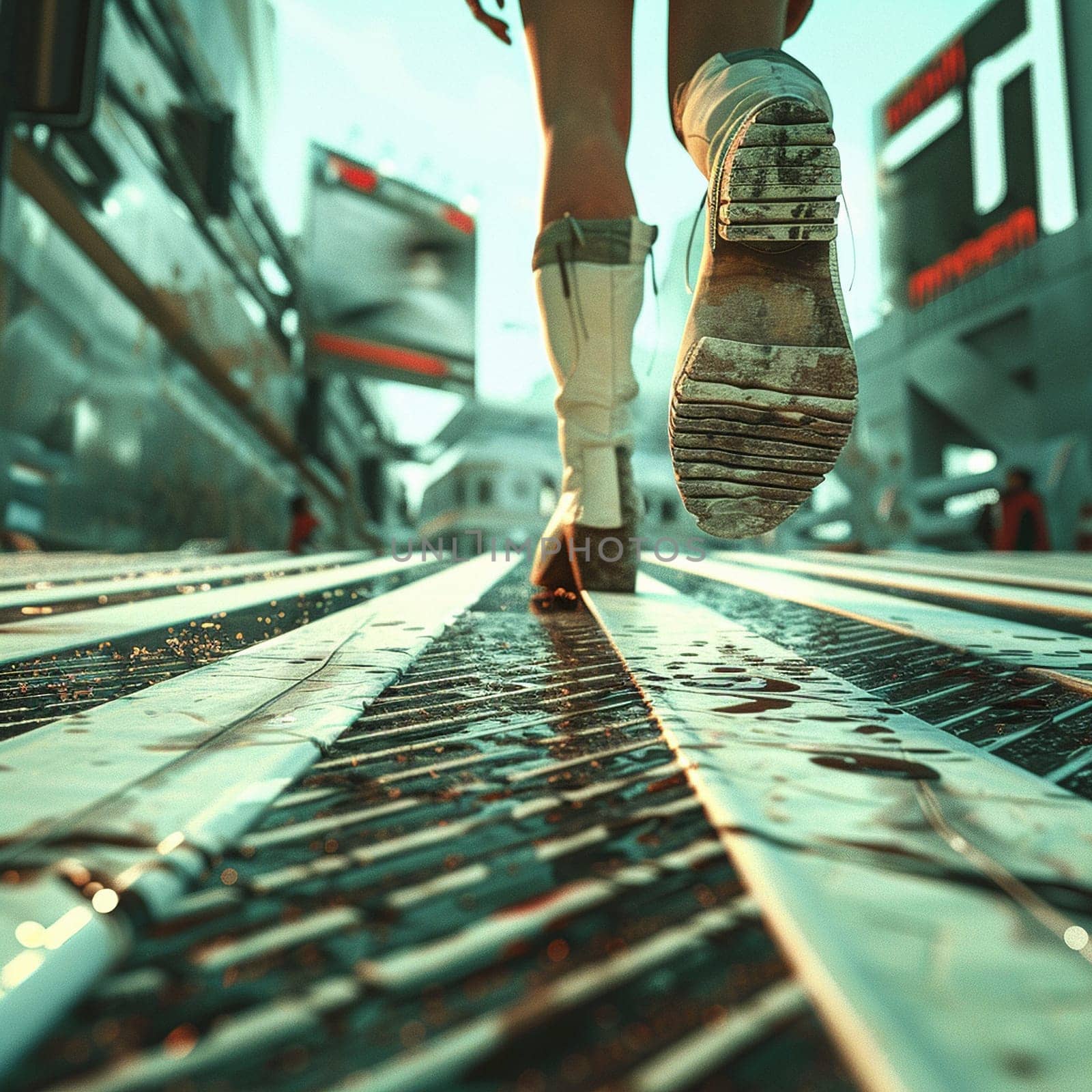 A professional photo of a girl walking along the road. Feet, boots, asphalt, pedestrian crossing by NeuroSky