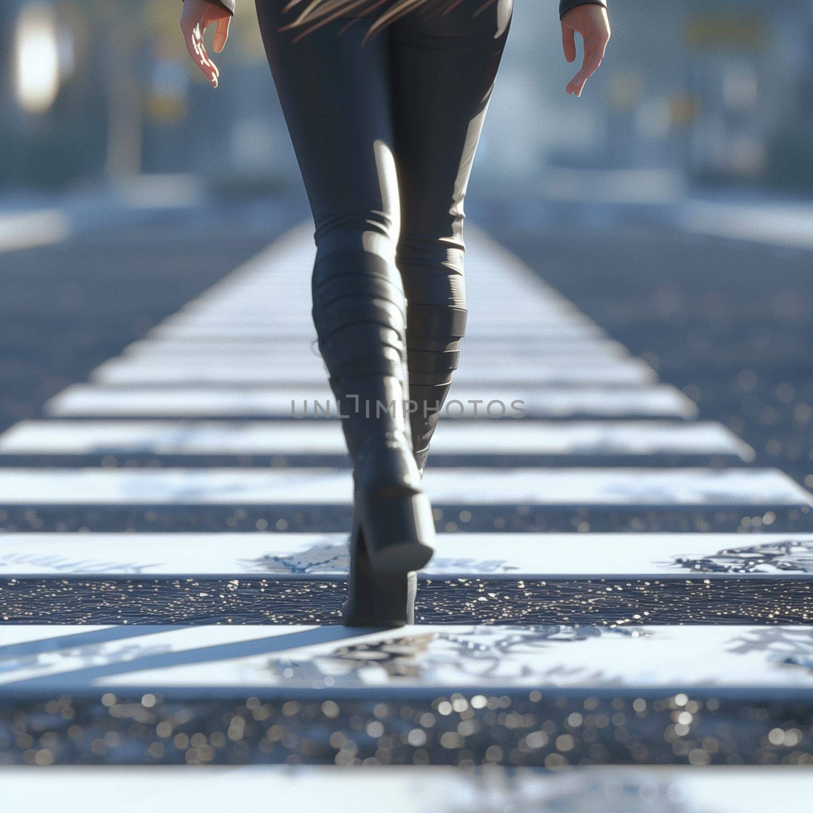 A professional photo of a girl walking along the road. Feet, boots, asphalt, pedestrian crossing. High quality illustration