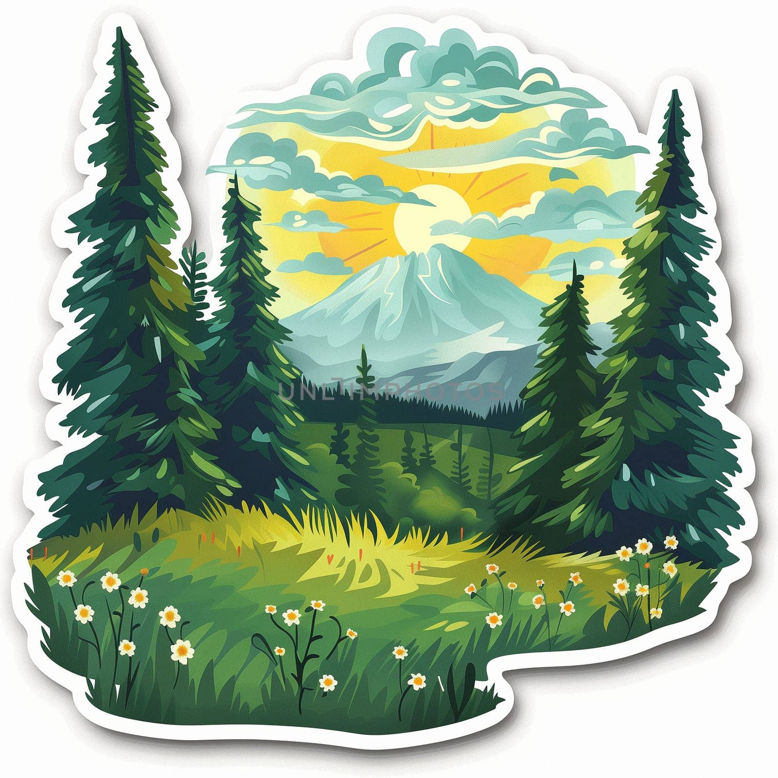 Stickers with forest, field, sky and hiking. Summer collection. High quality illustration