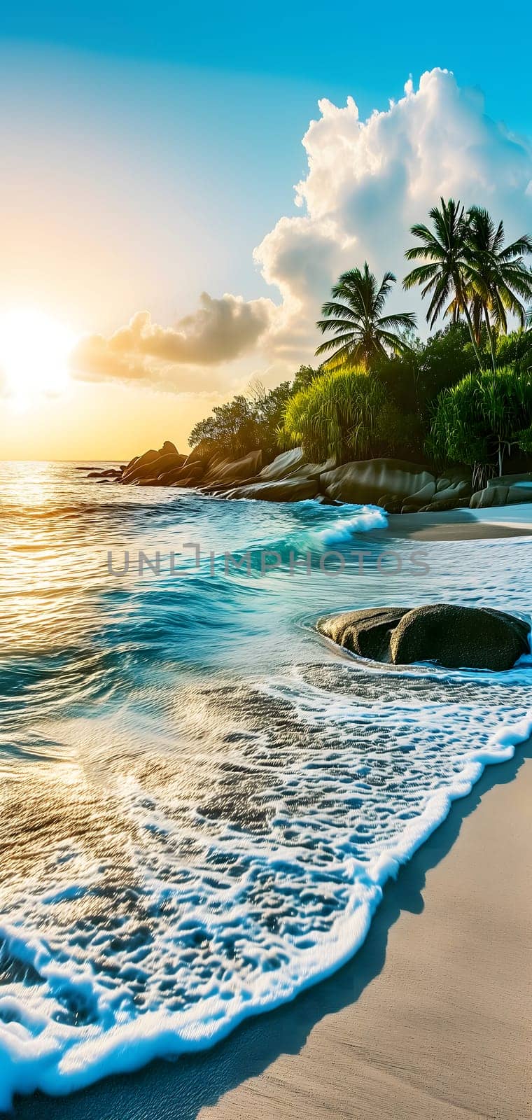 tropical beach view at sunset or sunrise with white sand, turquoise water and palm trees. Neural network generated image. Not based on any actual scene or pattern.