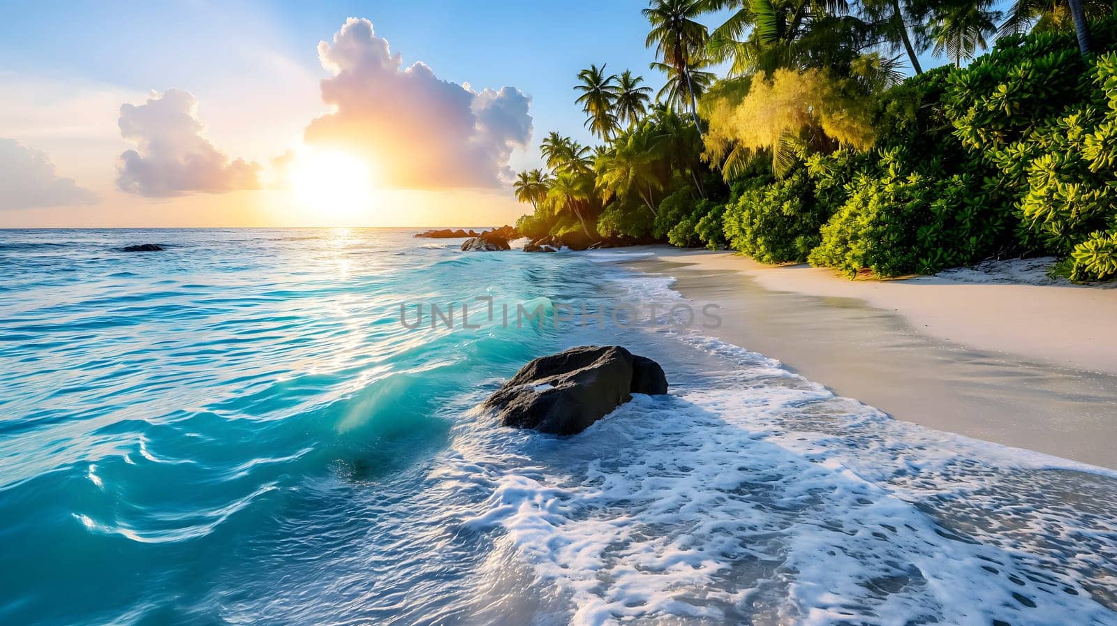 tropical beach view at sunset or sunrise with white sand, turquoise water and palm trees. Neural network generated image. Not based on any actual scene or pattern.