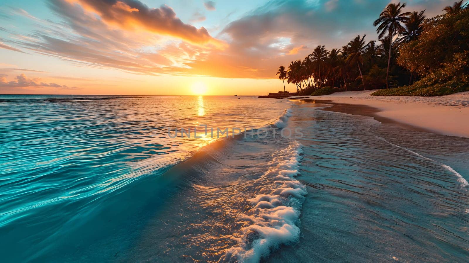 tropical beach view at sunset or sunrise with white sand, turquoise water and palm trees by z1b