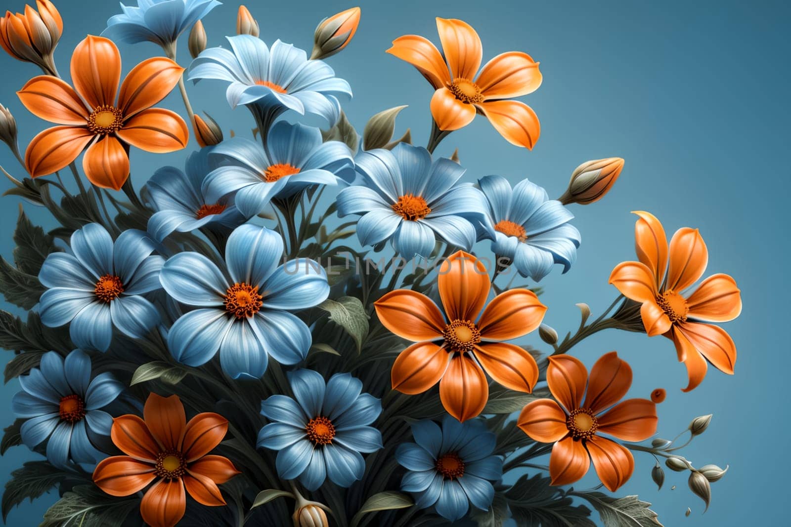 Bouquet of colorful bright flowers, isolated on a blue background.