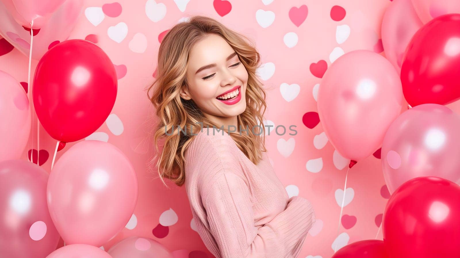 Young adult woman with red and pink air balloons laughing, on pink polka dots background. Happy holiday party. Joyful beauty having fun, celebrating Valentine's Day. by z1b