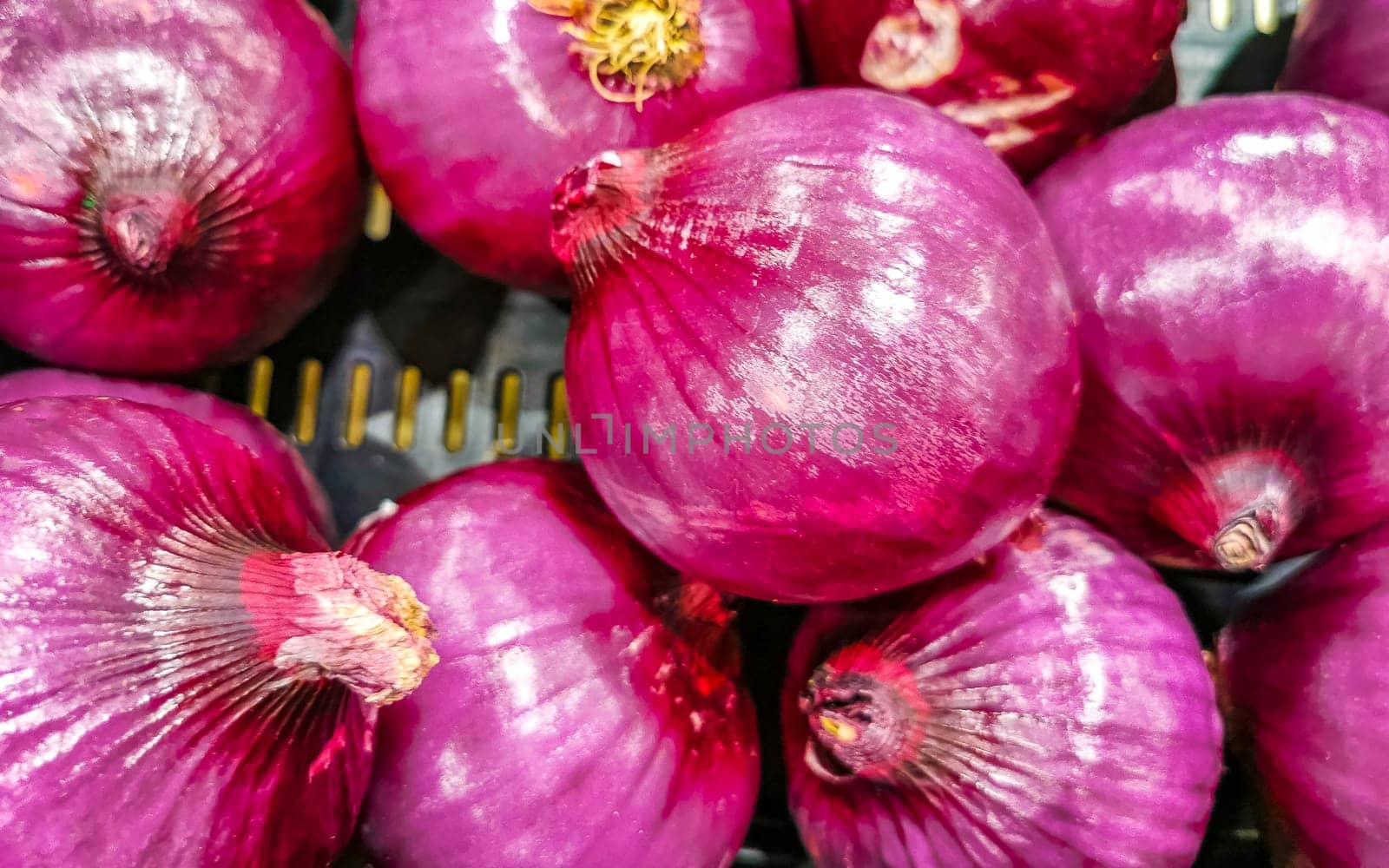 Onions onion red purple and white vegetables on the market in Zicatela Puerto Escondido Oaxaca Mexico.
