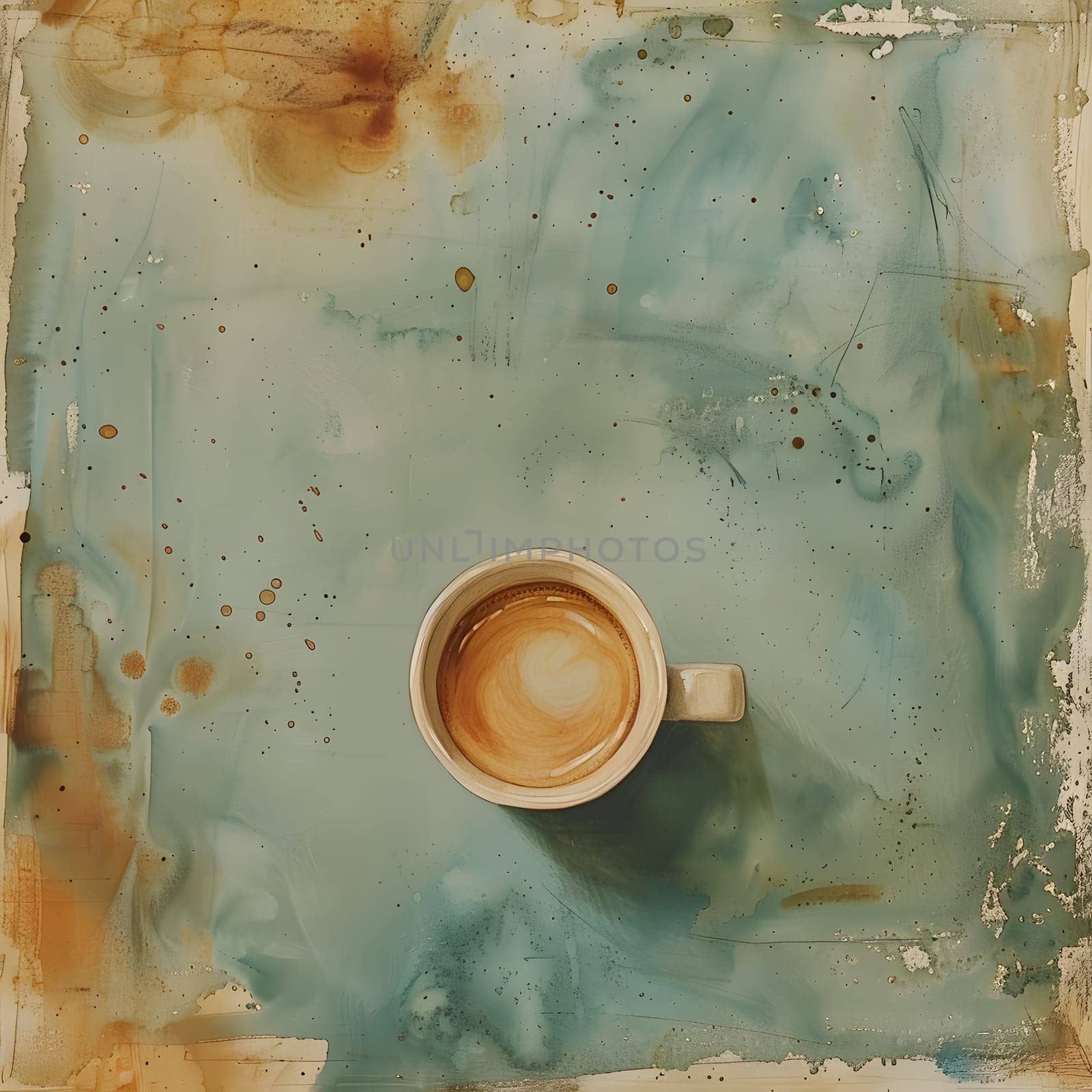 A cup of liquid is resting on a blue dishware, creating a circle of color reminiscent of a watercolor painting in a landscape of visual arts