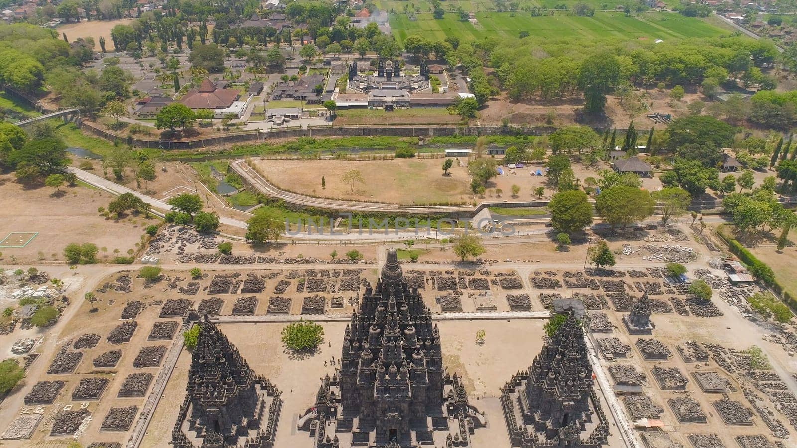 aerial view hindu temple Candi Prambanan in Indonesia Yogyakarta, Java. Rara Jonggrang Hindu temple complex. Religious building tall and pointed architecture Monumental ancient architecture, carved stone walls.