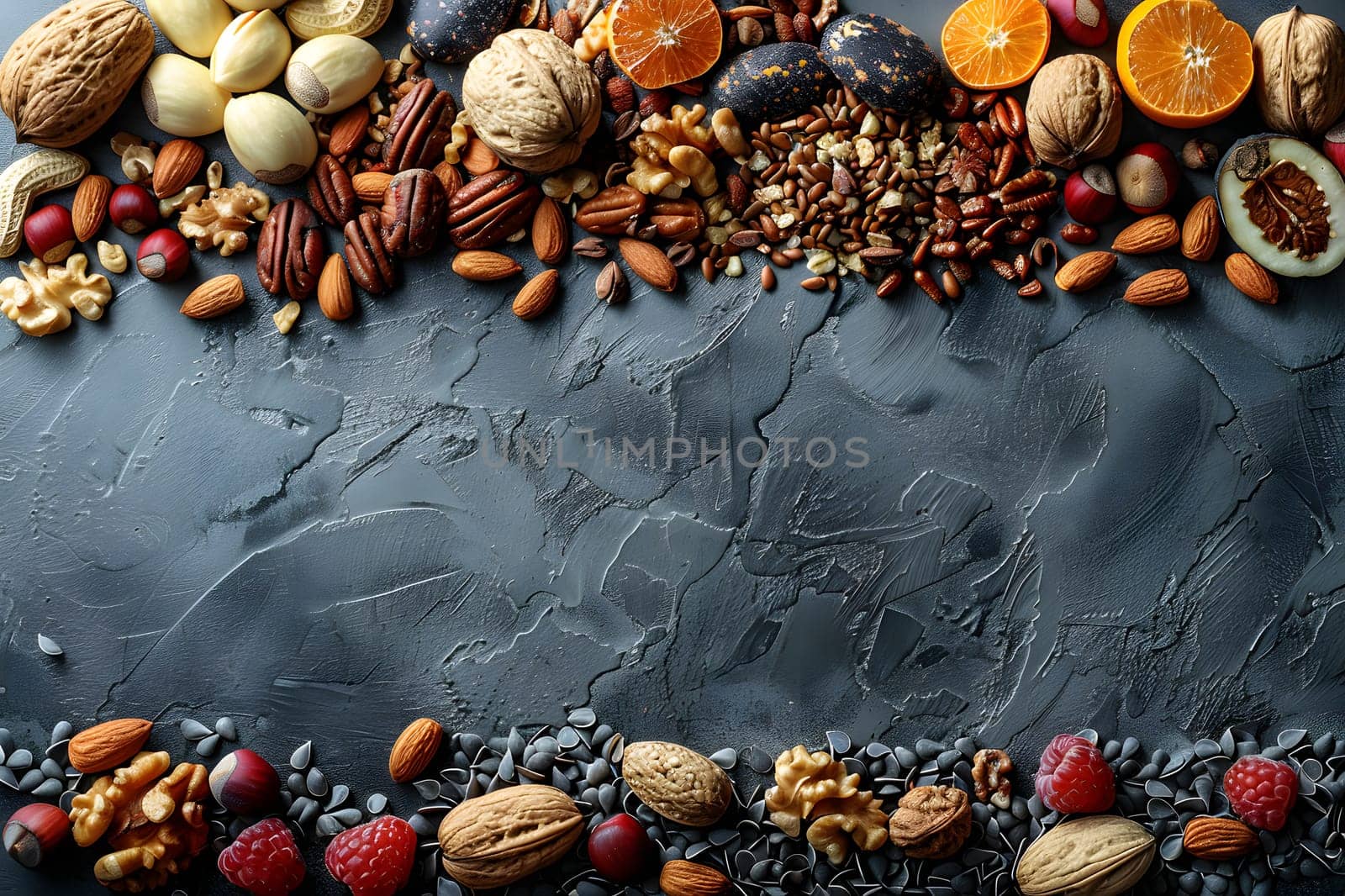 A variety of natural foods including nuts and fruits are displayed on the table, ready to be used as ingredients in delicious dishes or enjoyed as a nutritious snack