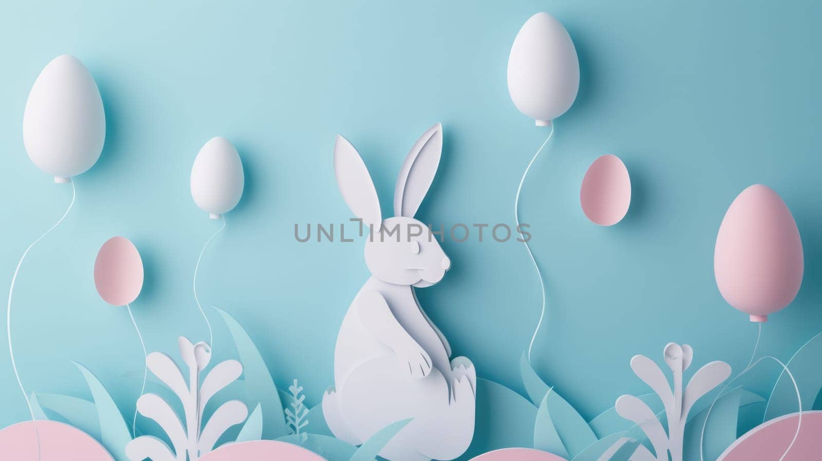 A cute paper Easter rabbit is surrounded by colorful Easter eggs, fluffy clouds, blooming flowers, and floating balloons in a joyful event of happiness AIG42E