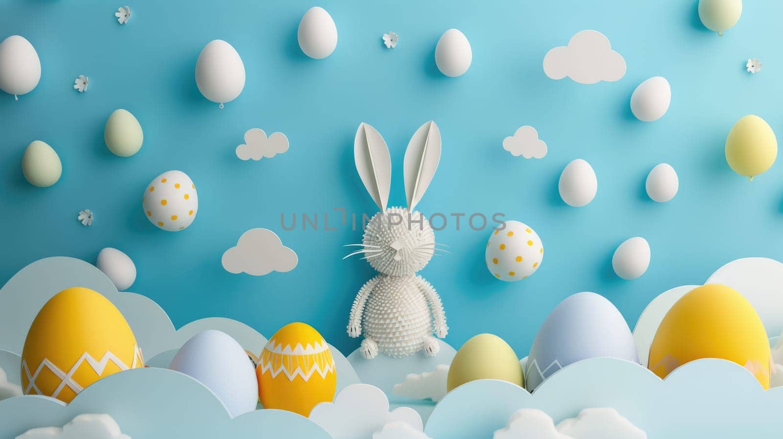 A cute paper Easter rabbit is surrounded by colorful Easter eggs, fluffy clouds, blooming flowers, and floating balloons in a joyful event of happiness AIG42E