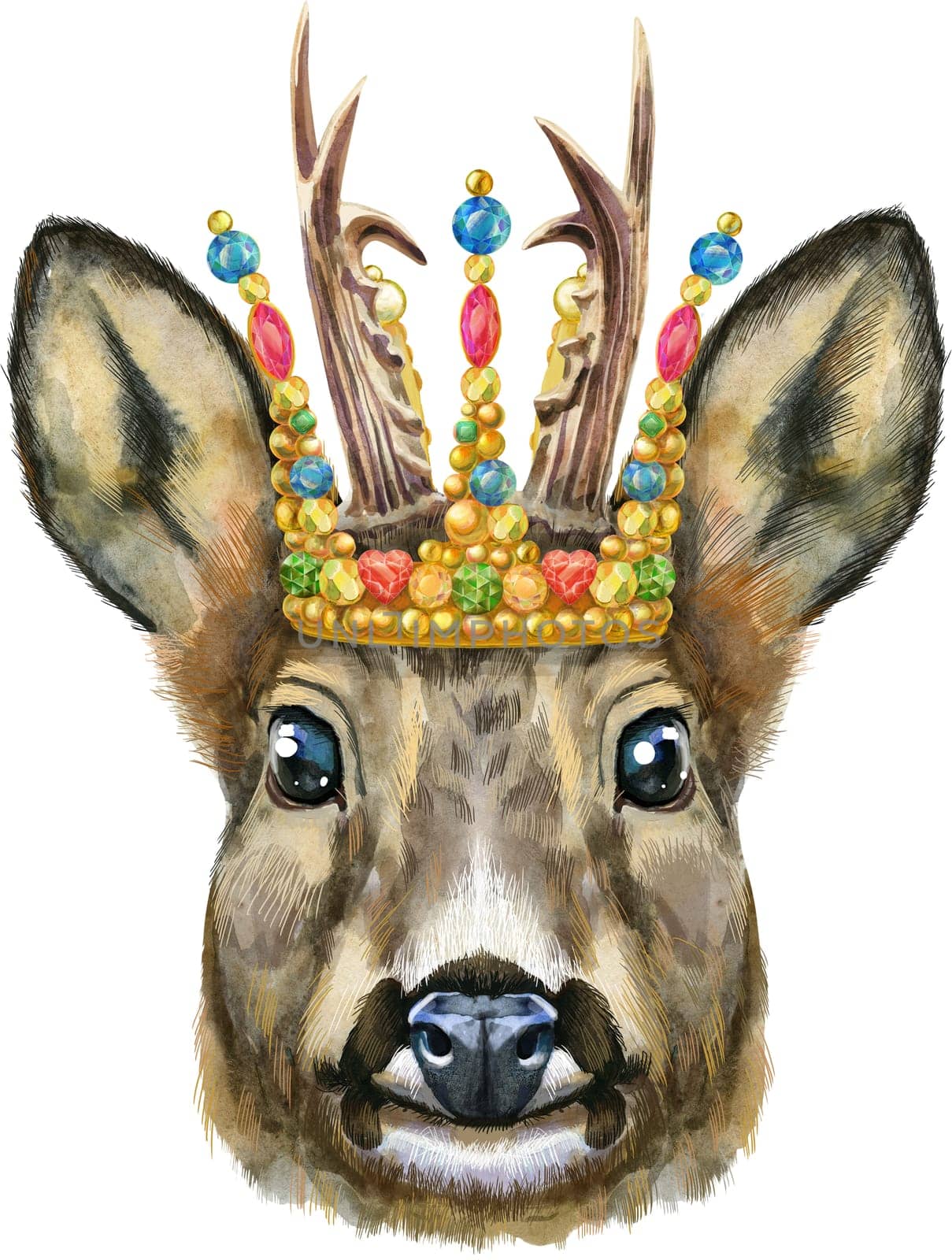 Watercolor drawing of the animal - roe deer in golden crown, sketch