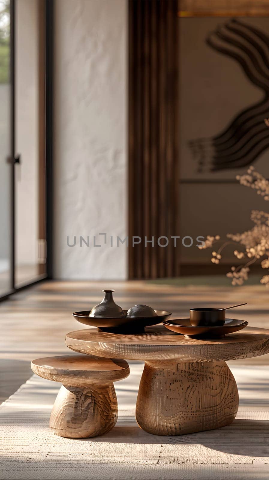 A living room with hardwood flooring features two wooden tables and a sliding glass door, serving as a stylish and modern space in the building