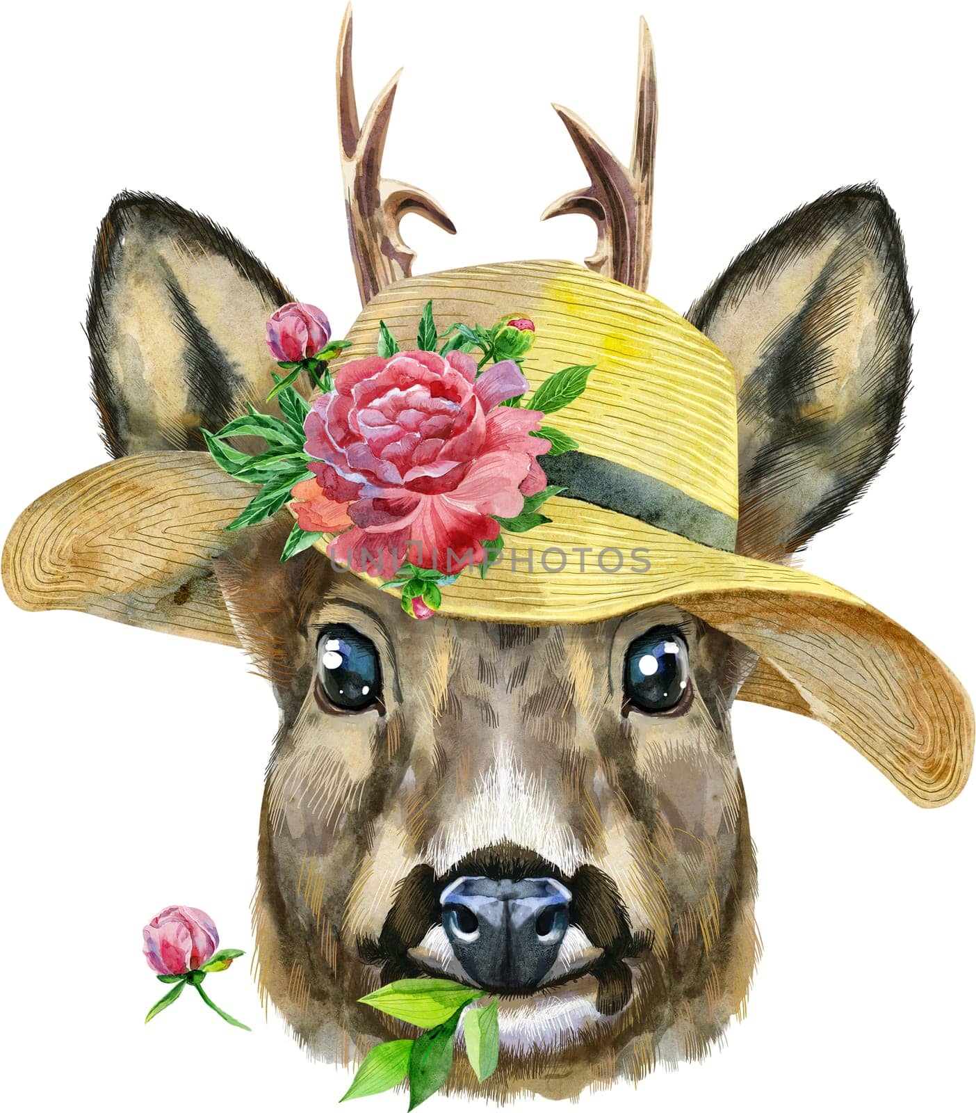 Watercolor portrait of a roe deer in summer hat with flower on white background by NataOmsk