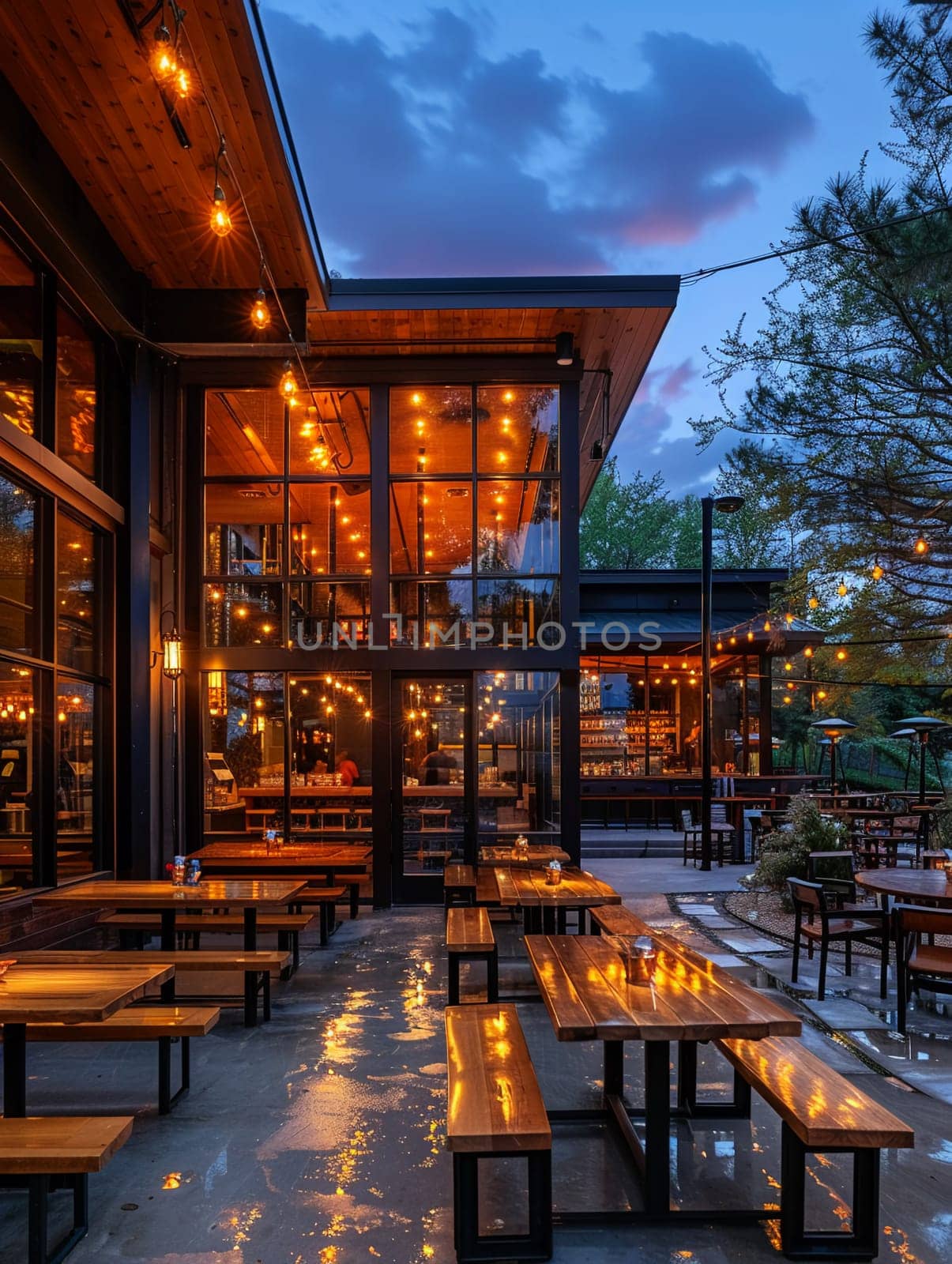 Inviting Craft Brewery Patio Serving Up Business and Leisure, A convivial blur of patrons enjoying craft beers illustrates a blend of business and relaxation.