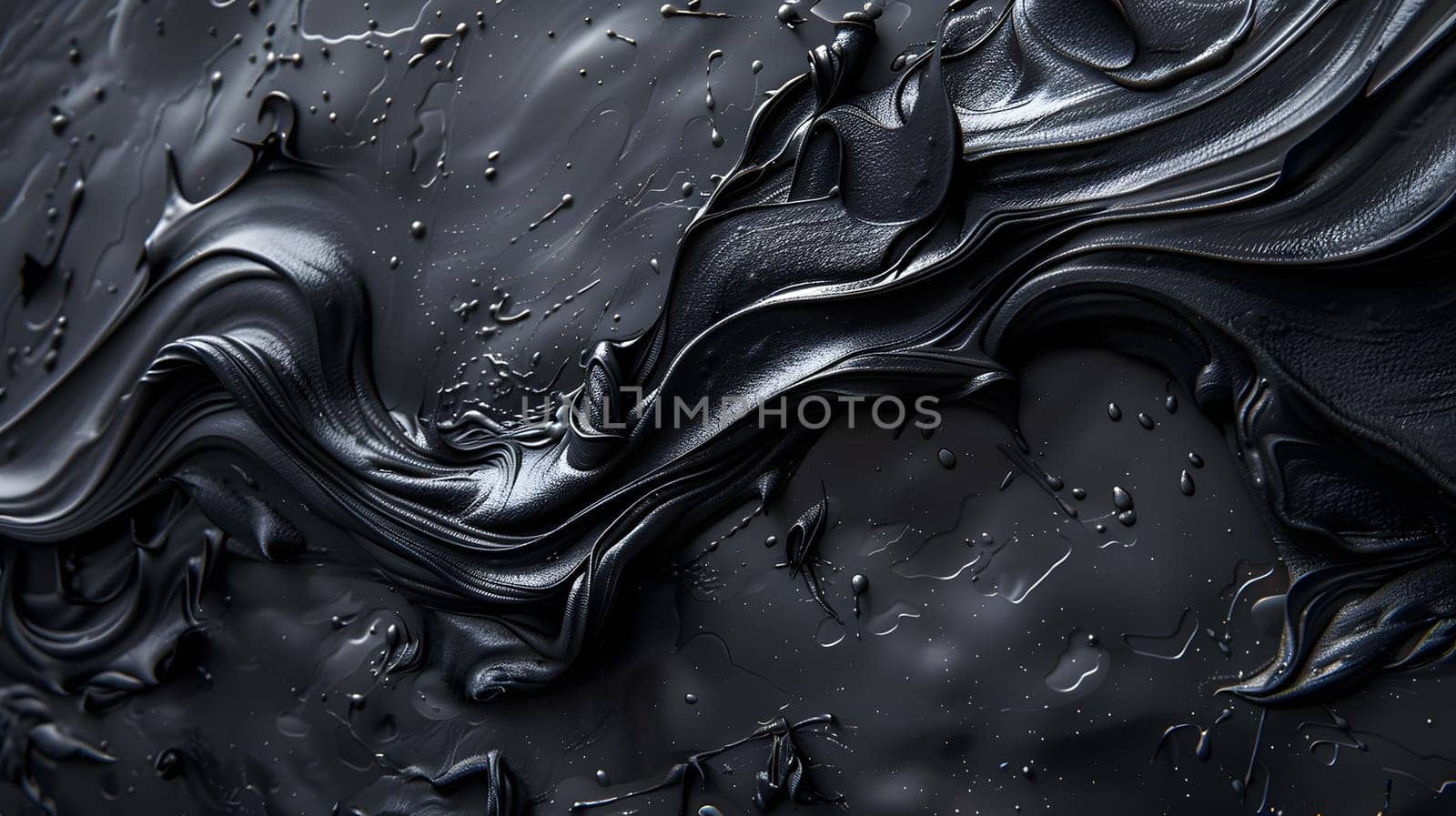 A detailed closeup of dark liquid resting on a black surface, creating a mesmerizing monochrome pattern in a dark and mysterious setting