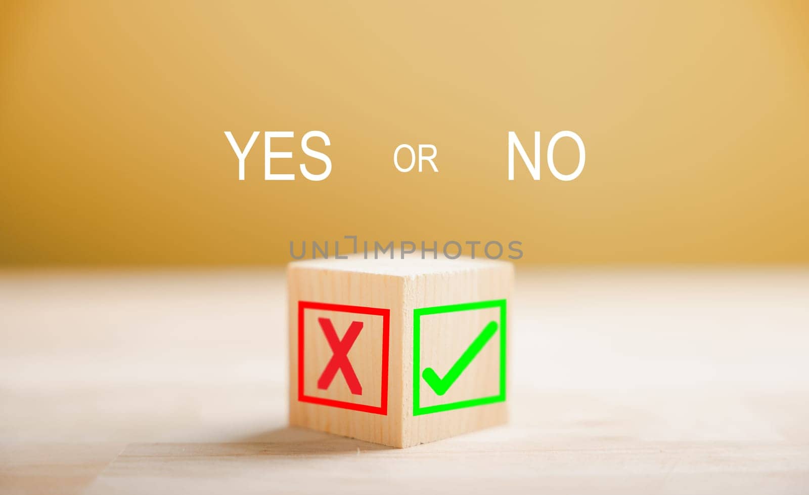 Green check mark and red x on wooden block signify decision making. Choice concept presented. Think With Yes Or No Choice.