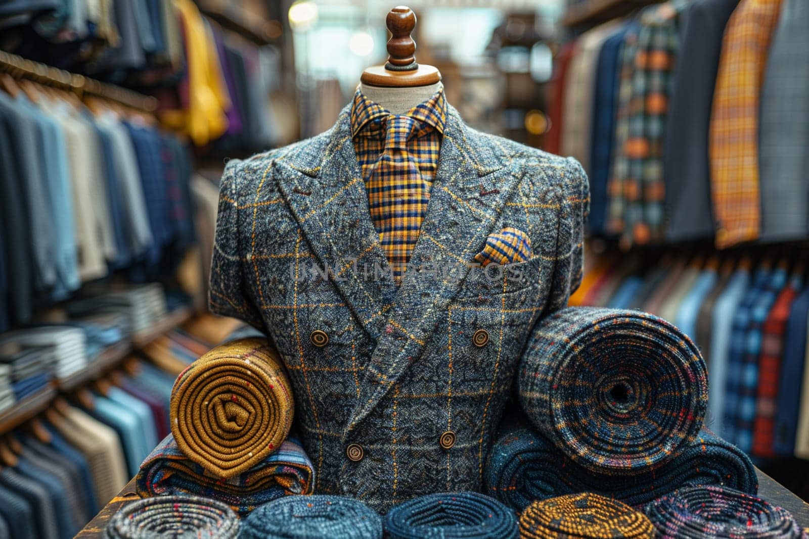 Tailored Suits Craft Professional Image in Business of Custom Fashion, Sewing machines and fabric swatches measure out a story of elegance and fit in the tailoring business.