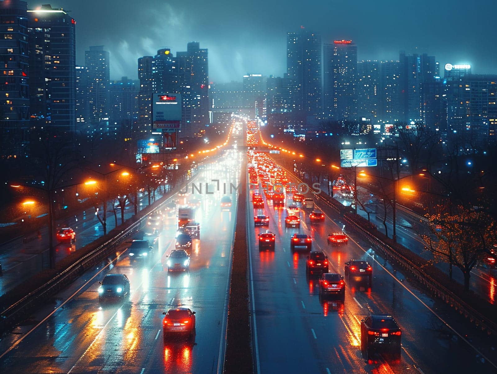 Nighttime City Traffic with Streaks of Headlights and Streetlights, The motion blur of lights suggests the pulse and flow of urban life after dark.