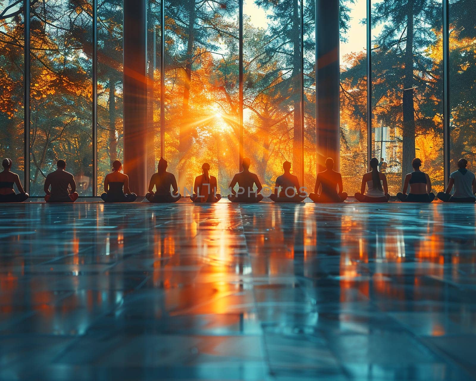 Serene Yoga Class in Session at a Sunlit Wellness Center, The tranquil blur of figures in poses against the morning light emphasizes balance and harmony.