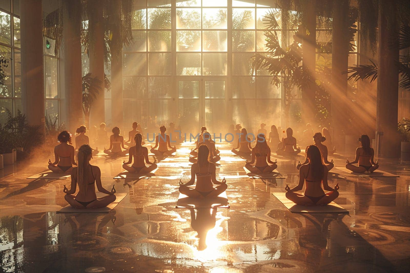 Serene Yoga Class in Session at a Sunlit Wellness Center, The tranquil blur of figures in poses against the morning light emphasizes balance and harmony.